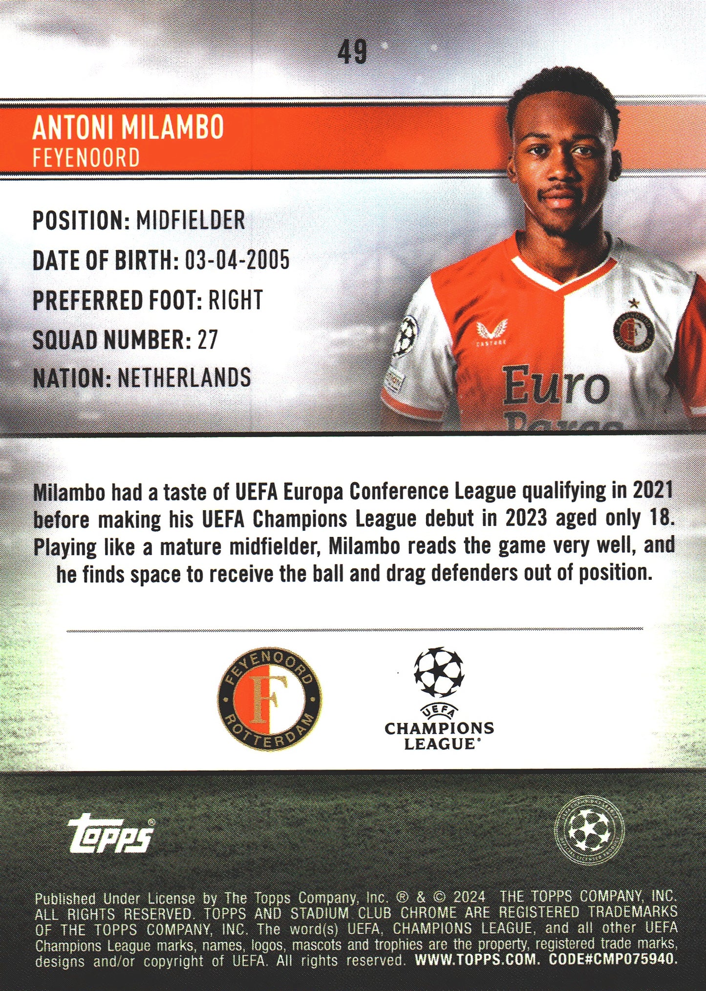 2023 Topps Chrome Stadium Club UCC Aqua/Green /199 Antoni Milambo #49 Feyenoord