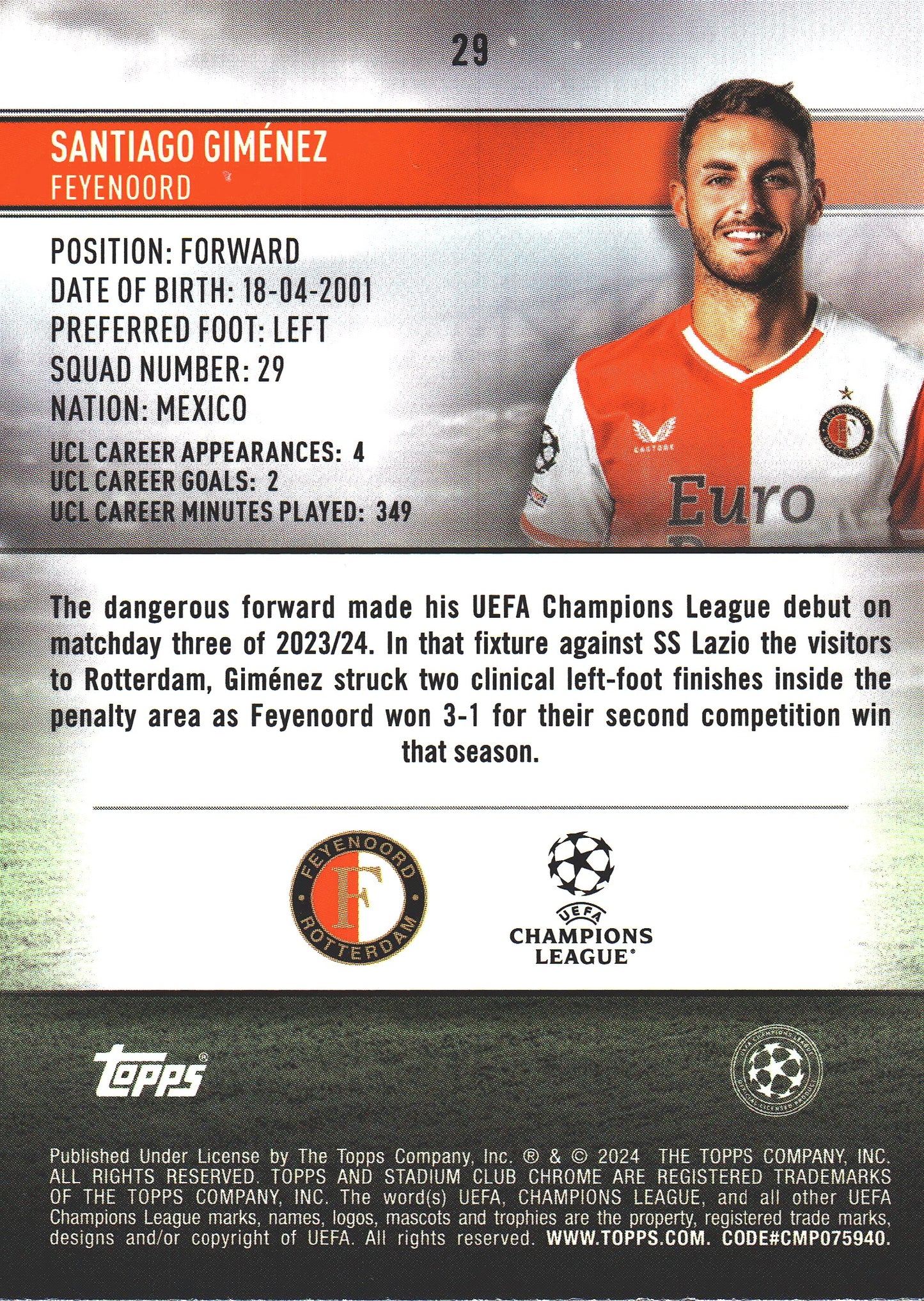 2023 Topps Chrome Stadium Club UCC Neon Green /99 Santiago Gimenez #29 Feyenoord