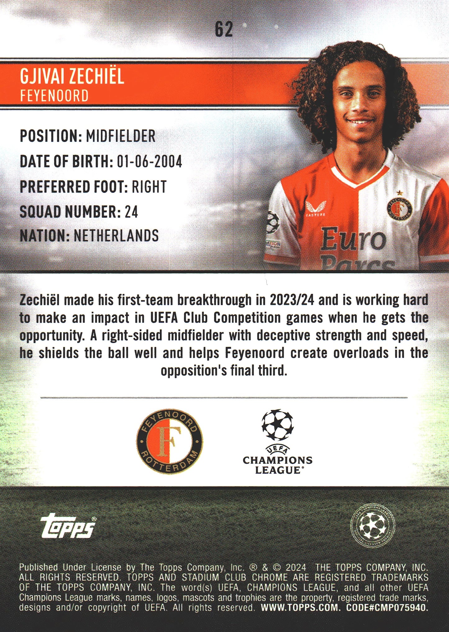 2023 Topps Chrome Stadium Club UCC Gold /50 Gjivai Zechiel #62 Feyenoord
