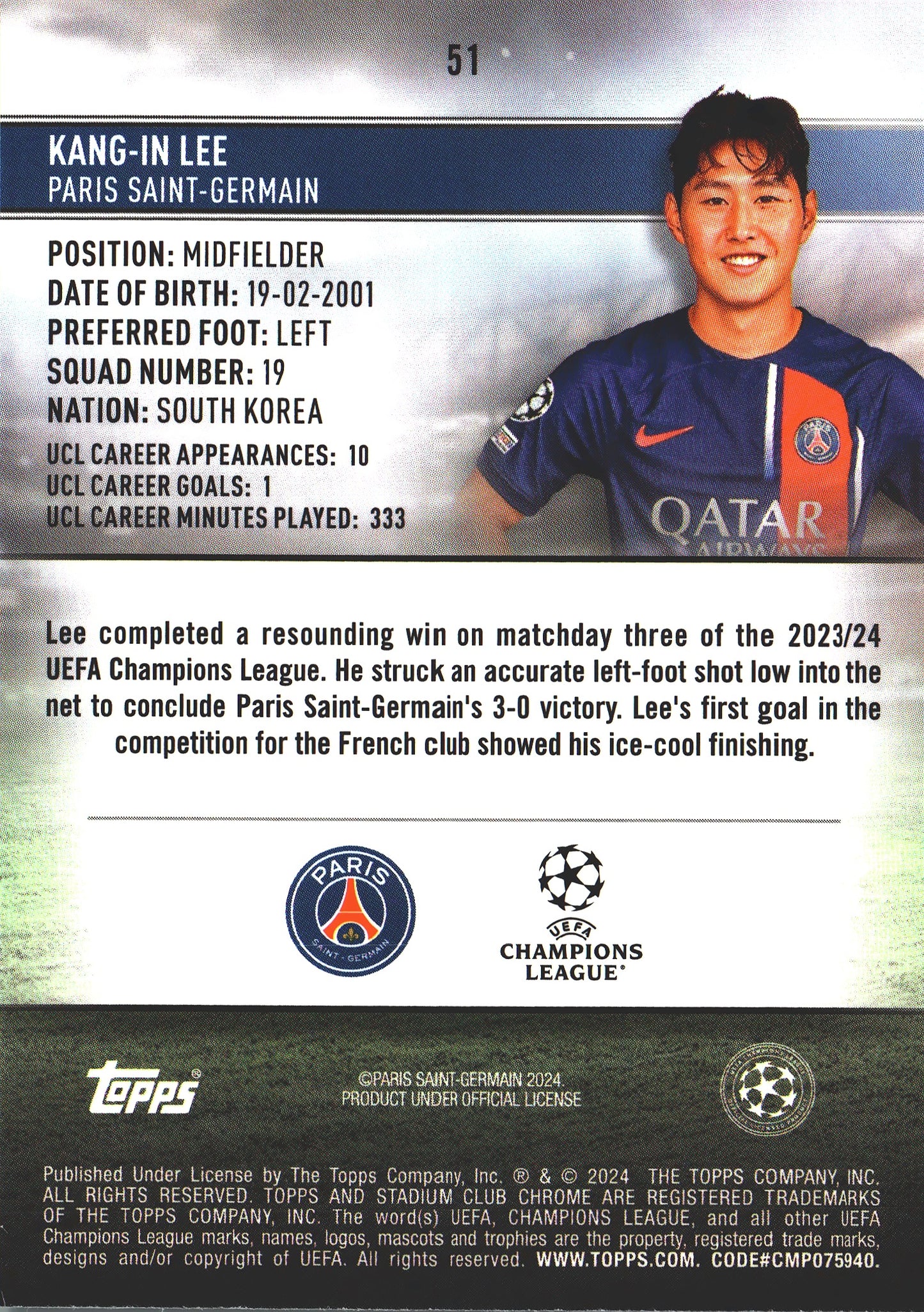 2023 Topps Chrome Stadium Club UCC Green /150 Kang-in Lee #51 Paris Saint-Germain