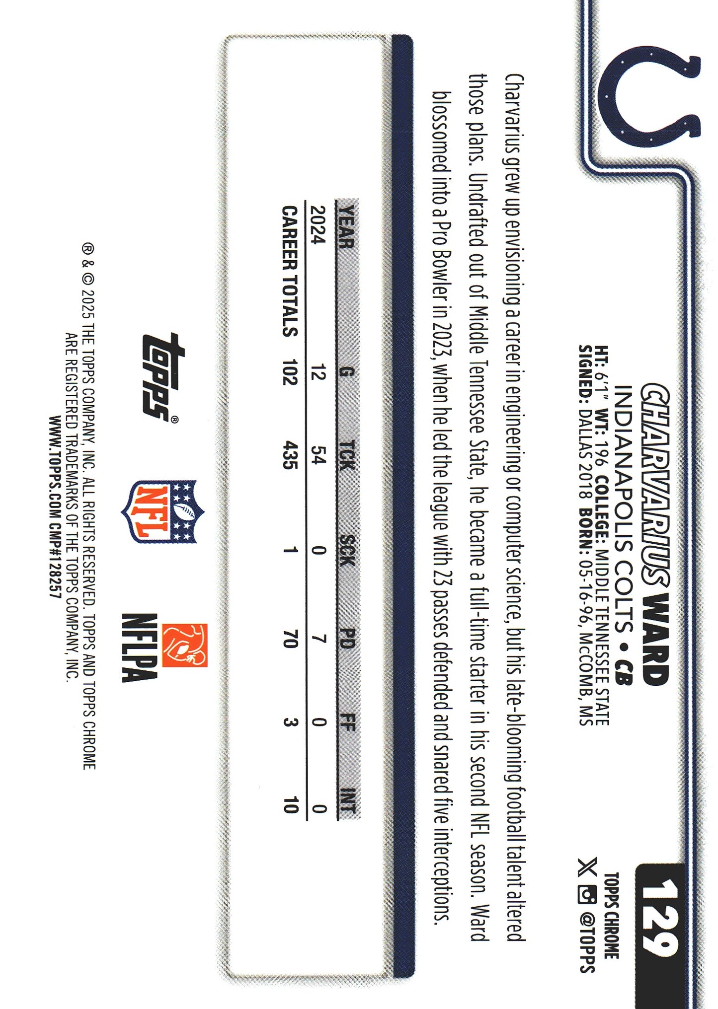 2025 Topps Chrome NFL Pulsar Charvarius Ward #129 Indianapolis Colts