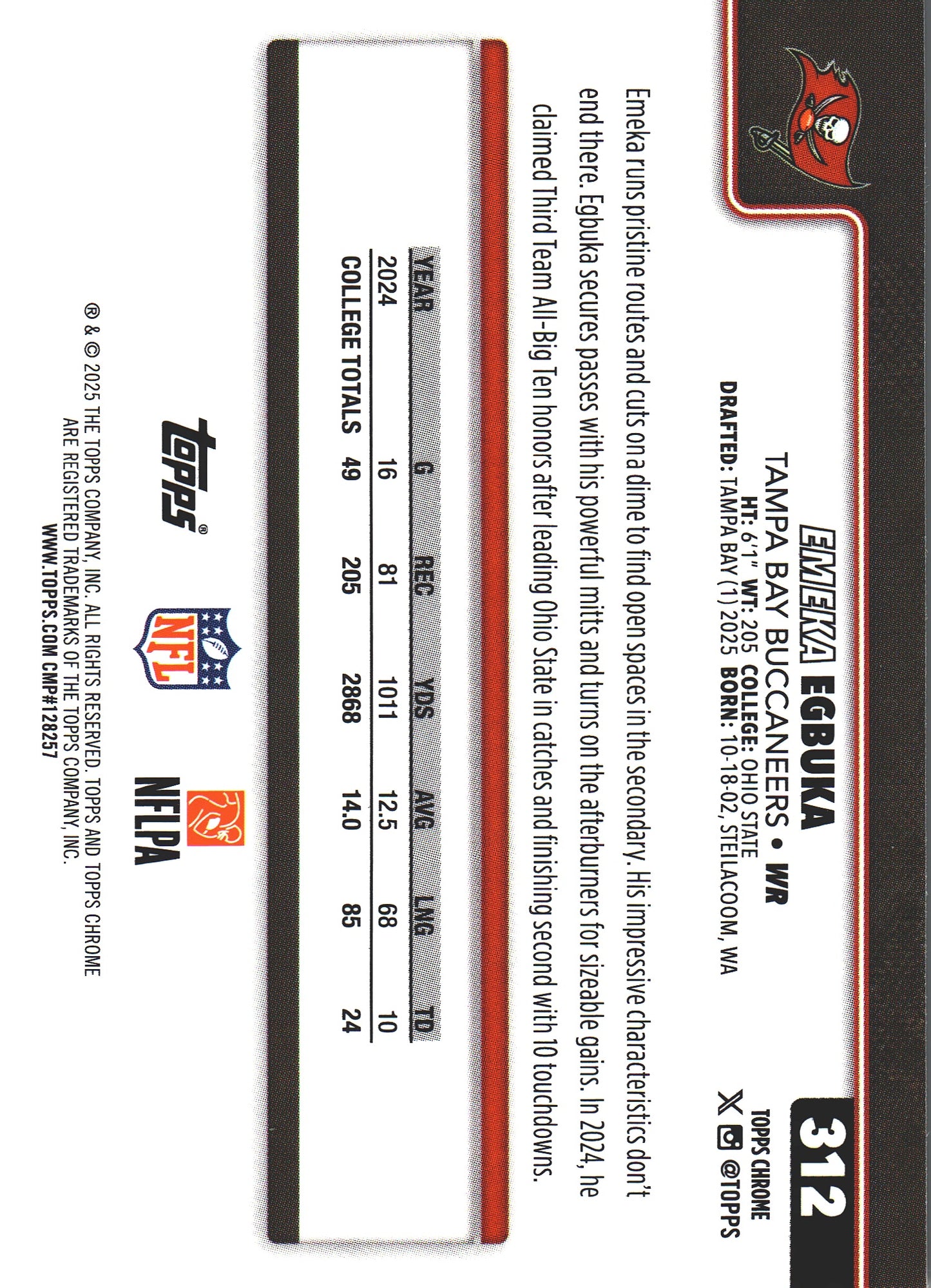 2025 Topps Chrome NFL Football Leather Emeka Egbuka #312 Tampa Bay Buccaneers
