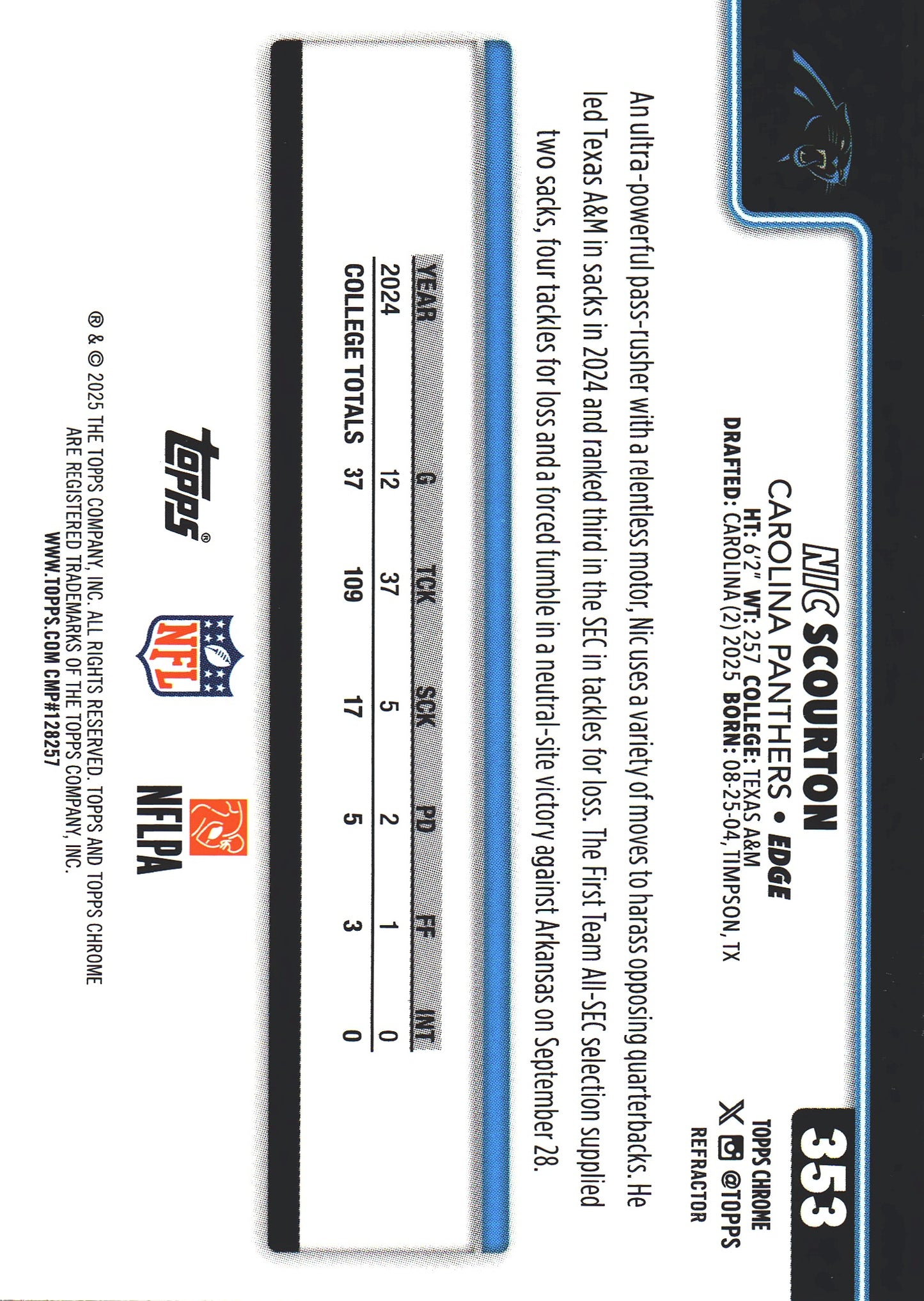 2025 Topps Chrome NFL Refractor Nic Scourton RC #353 Carolina Panthers