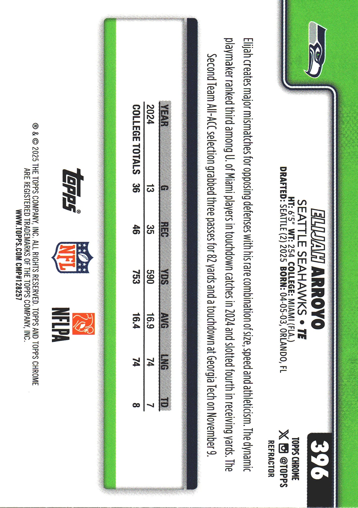 2025 Topps Chrome NFL Refractor Elijah Arroyo RC #396 Seattle Seahawks