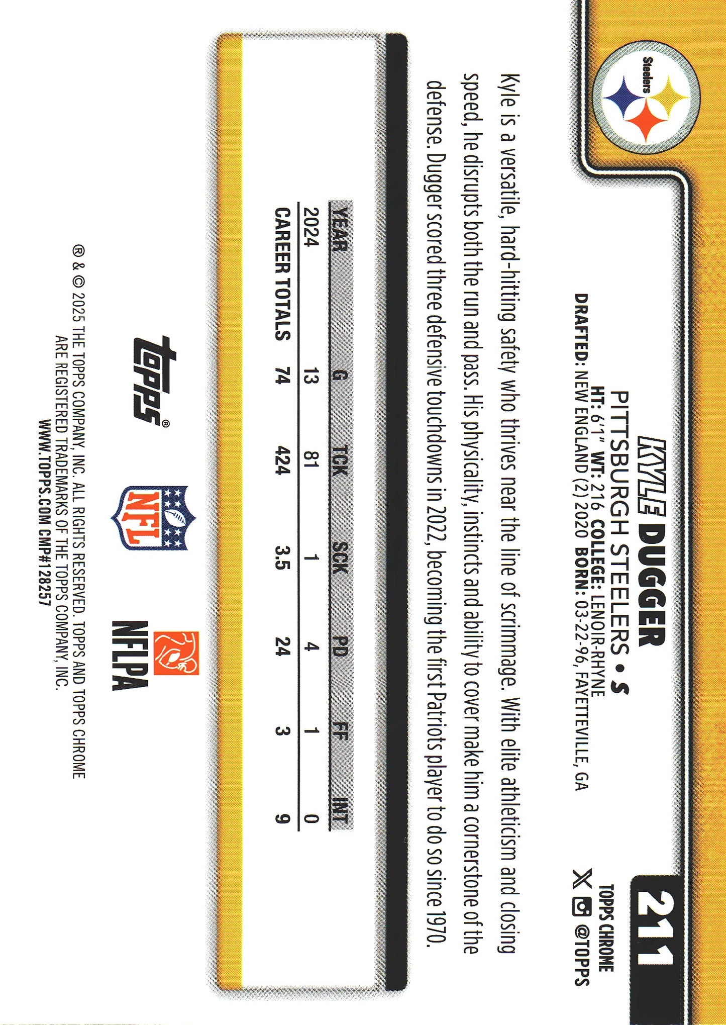 2025 Topps Chrome NFL Kyle Dugger #211 Pittsburgh Steelers