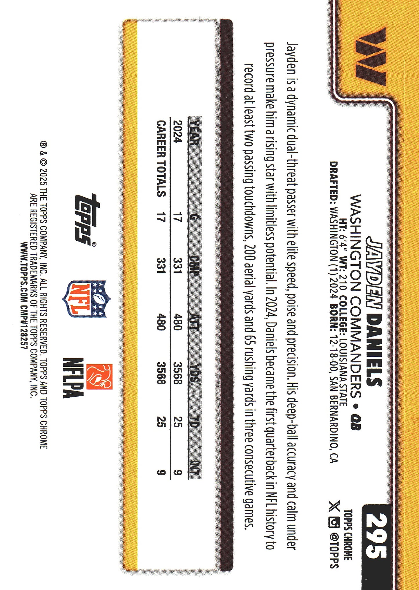 2025 Topps Chrome NFL Jayden Daniels #295 Washington Commanders