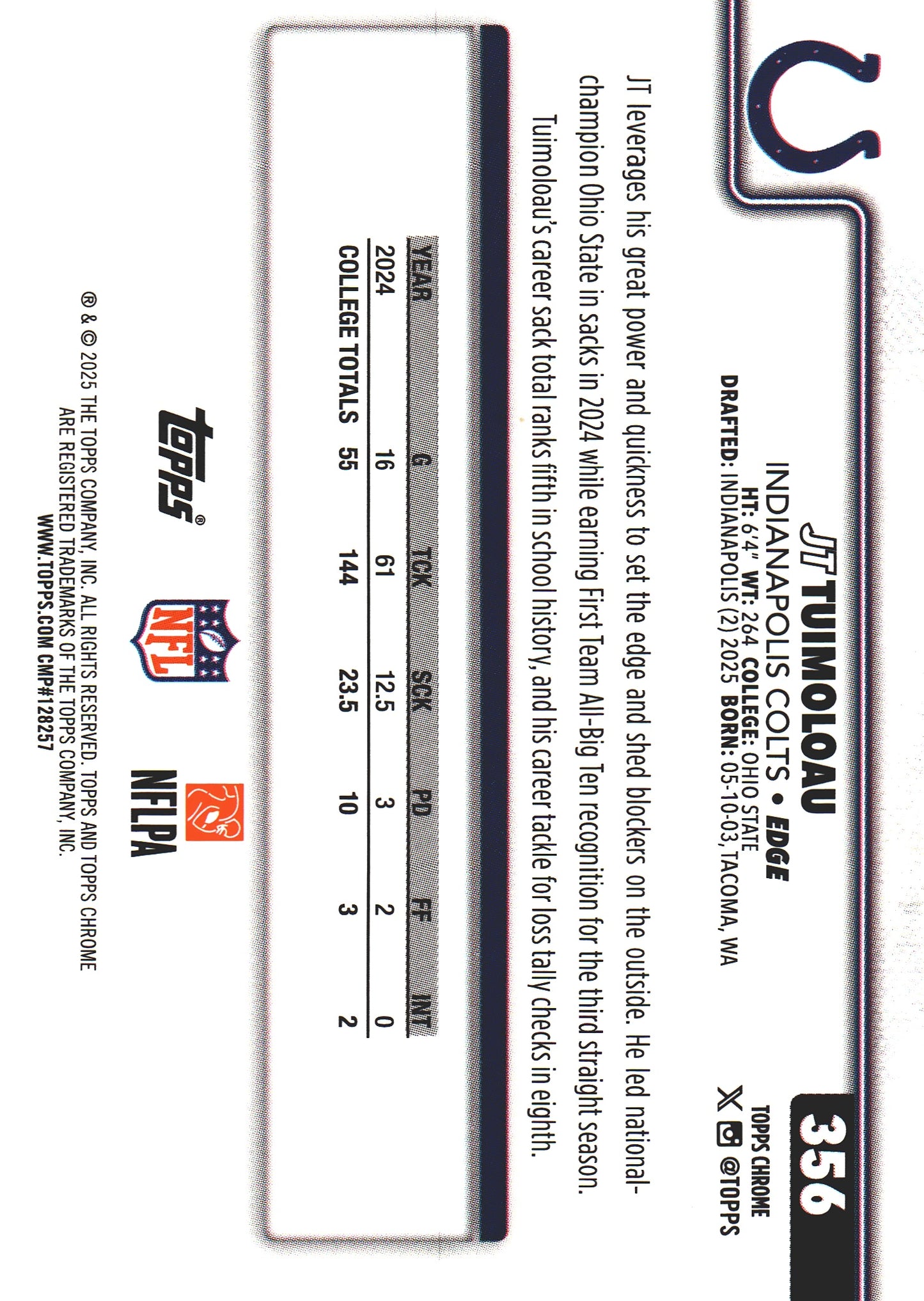 2025 Topps Chrome NFL JT Tuimoloau RC #356 Indianapolis Colts