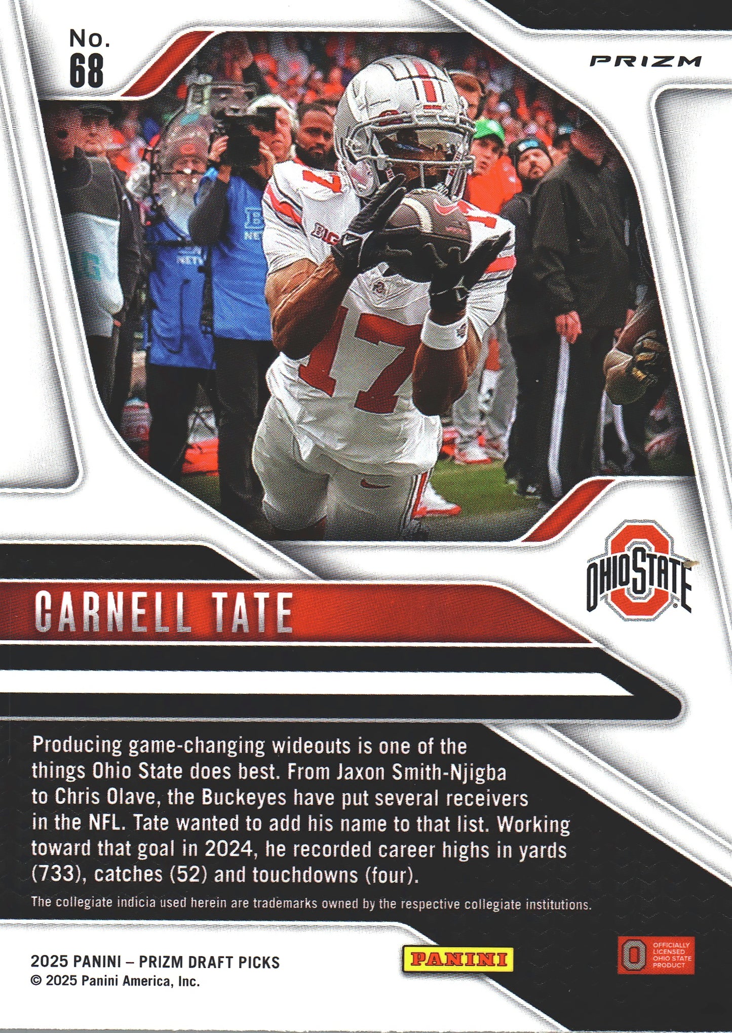2025 Panini Prizm Draft Picks Carnell Tate Silver #68 Ohio State Buckeyes