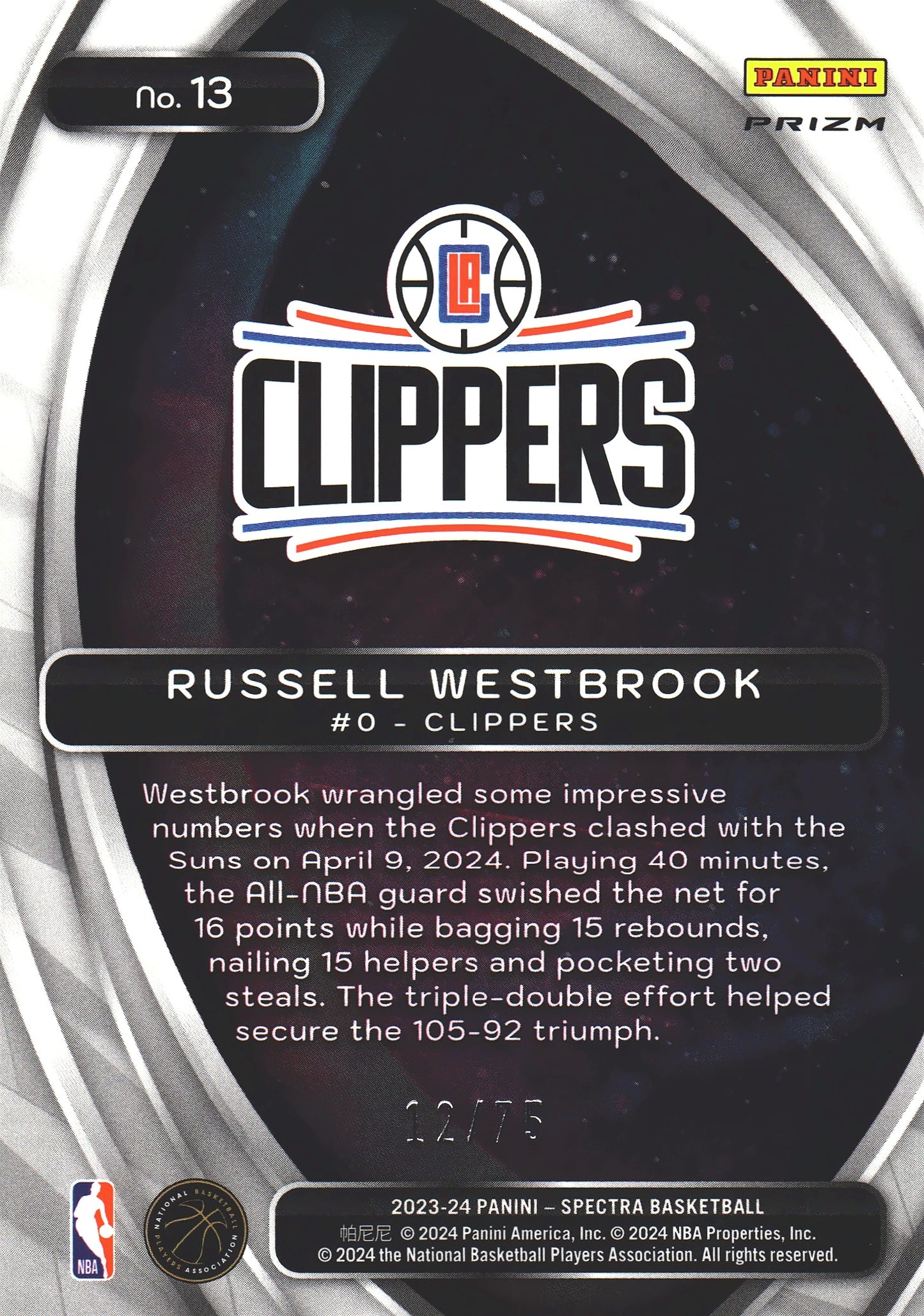 2023 Panini Spectra Titan Green /75 Russell Westbrook #13 Los Angeles Clippers