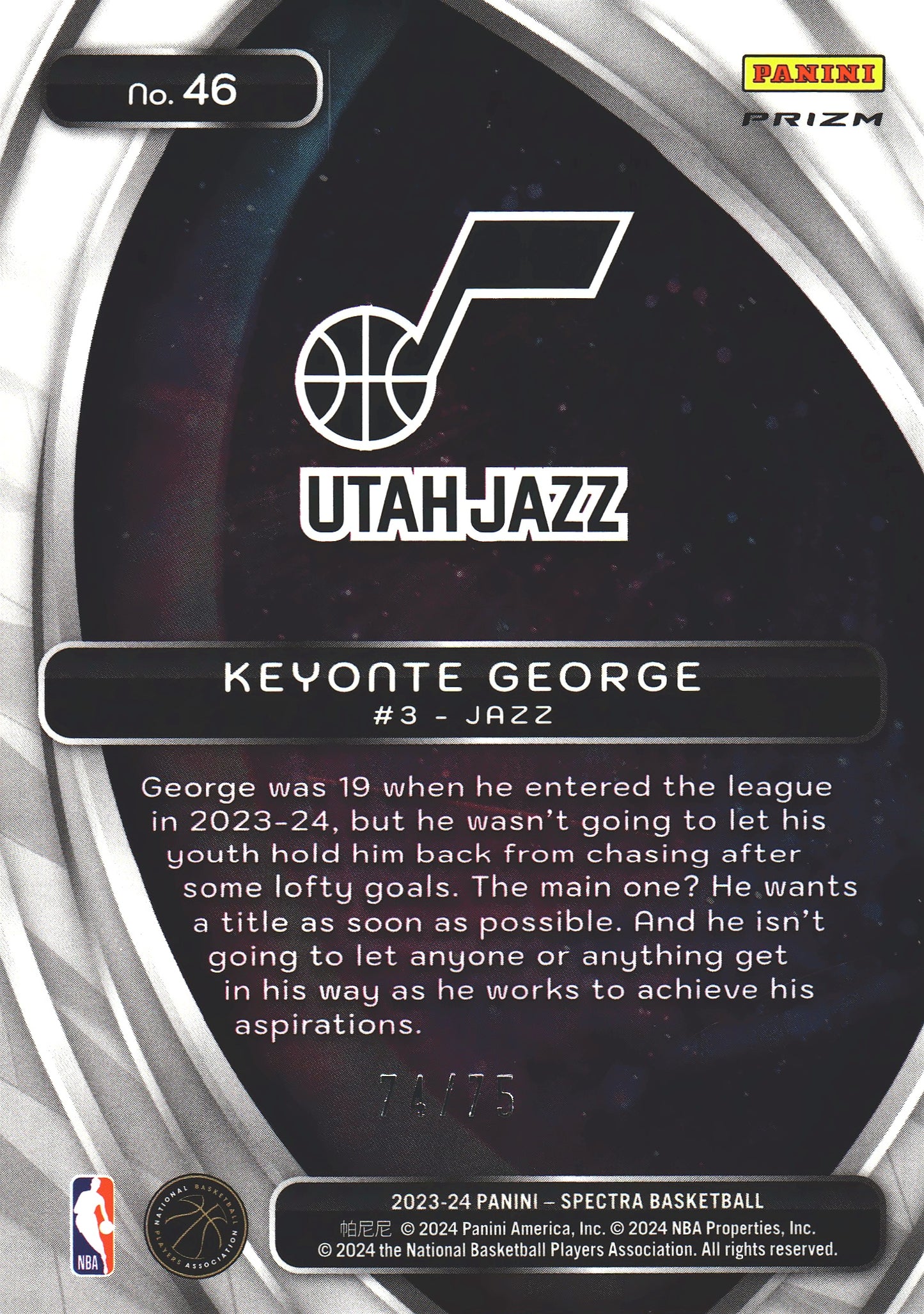 2023 Panini Spectra Titan Green /75 Keyonte George #46 Utah Jazz