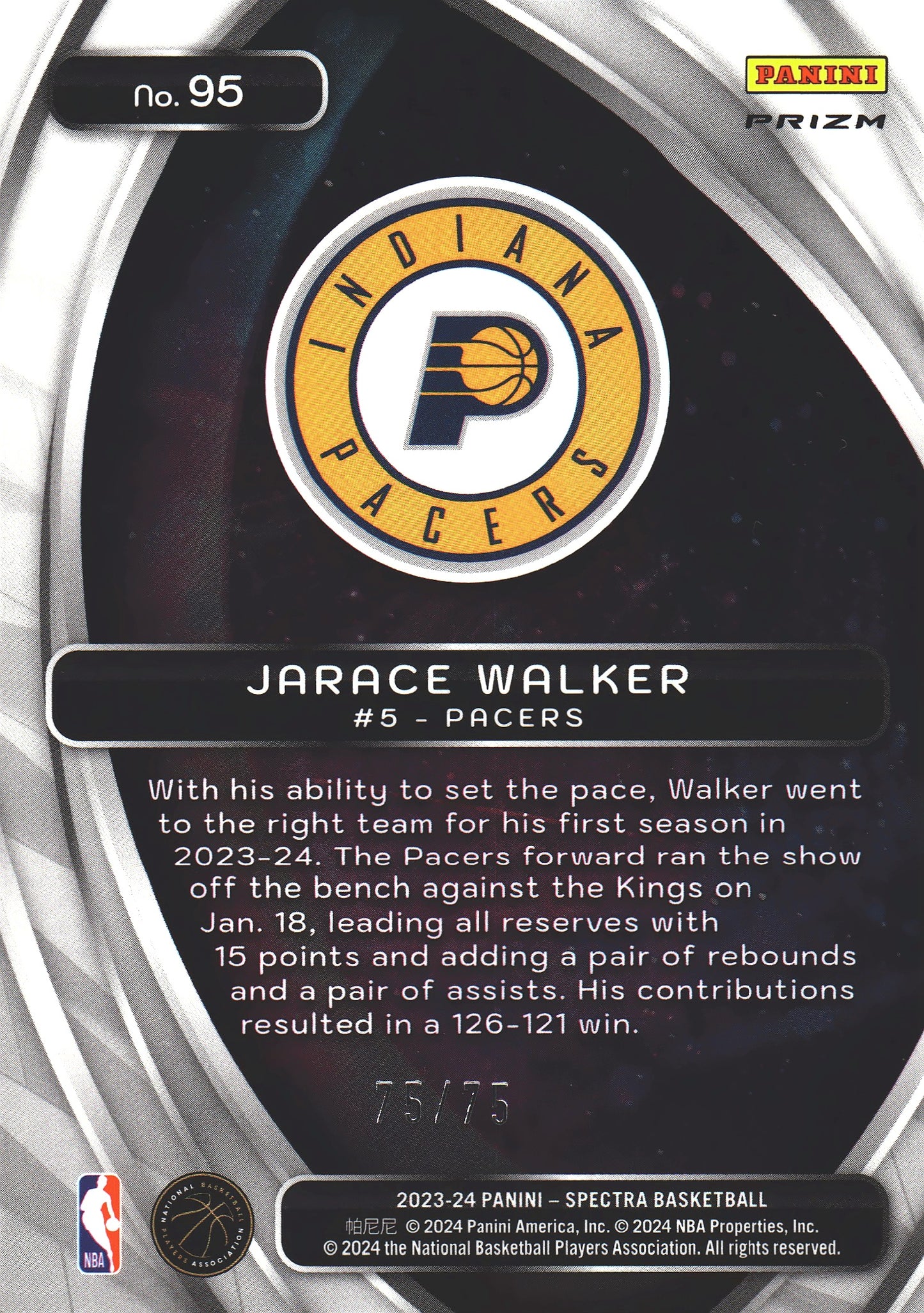 2023 Panini Spectra Titan Green /75 Jarace Walker #95 Indiana Pacers