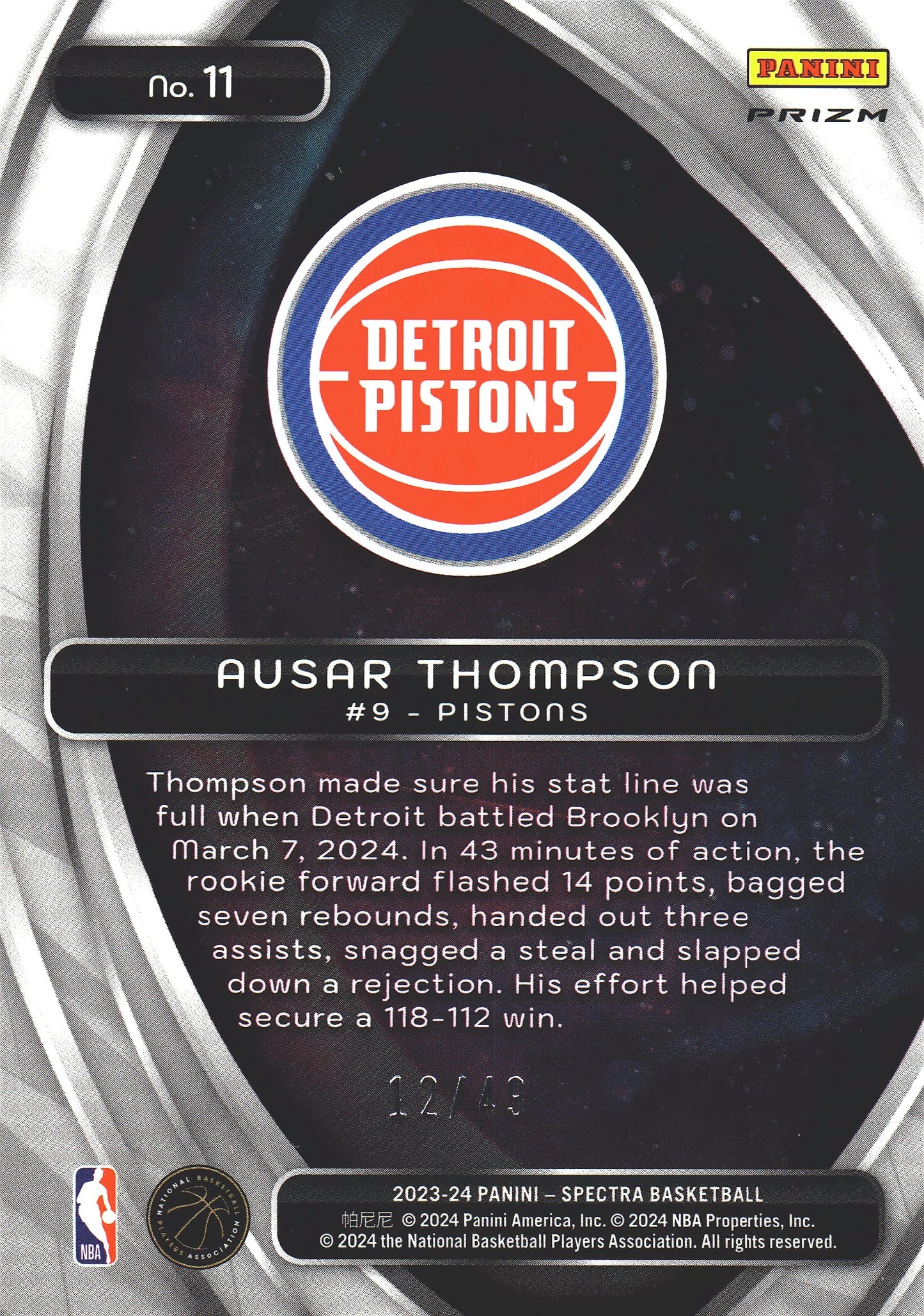 2023 Panini Spectra Titan Red and Yellow /49 Ausar Thompson #11 Detroit Pistons