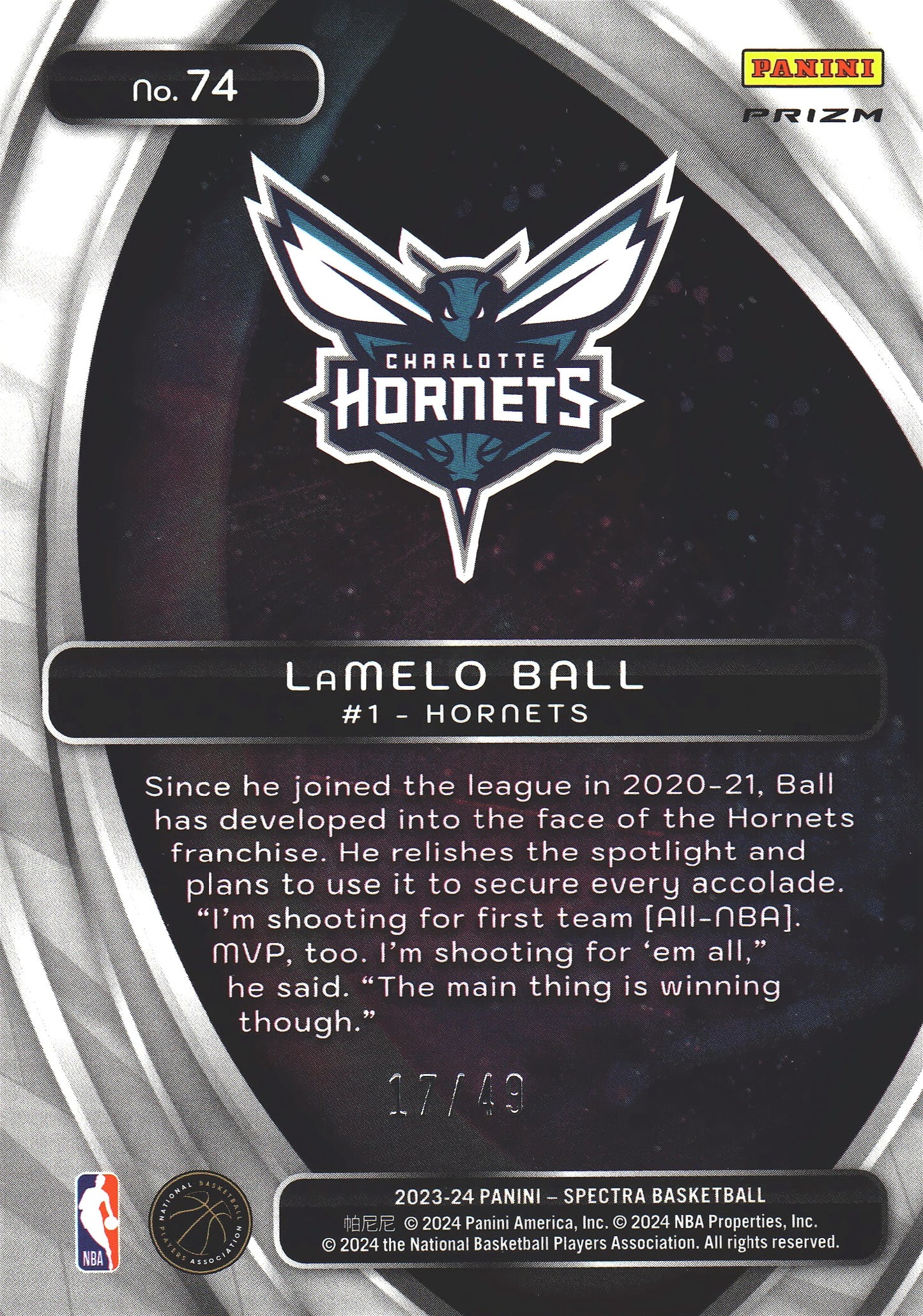 2023 Panini Spectra Titan Red and Yellow /49 LaMelo Ball #74 Charlotte Hornets