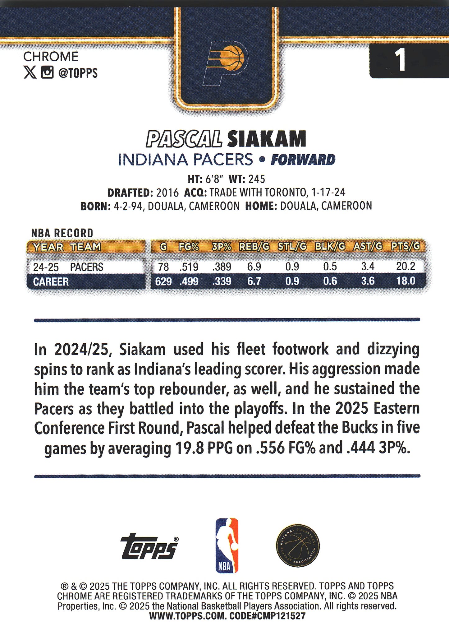 2025 Topps Chrome Aqua /199 Pascal Siakam #1 Indiana Pacers