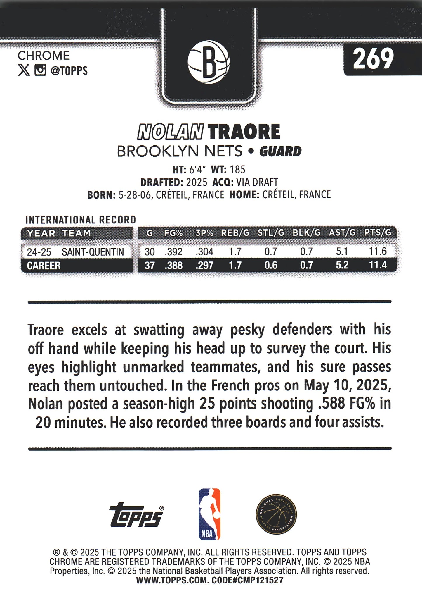 2025 Topps Chrome Green /99 Nolan Traore #269 Brooklyn Nets