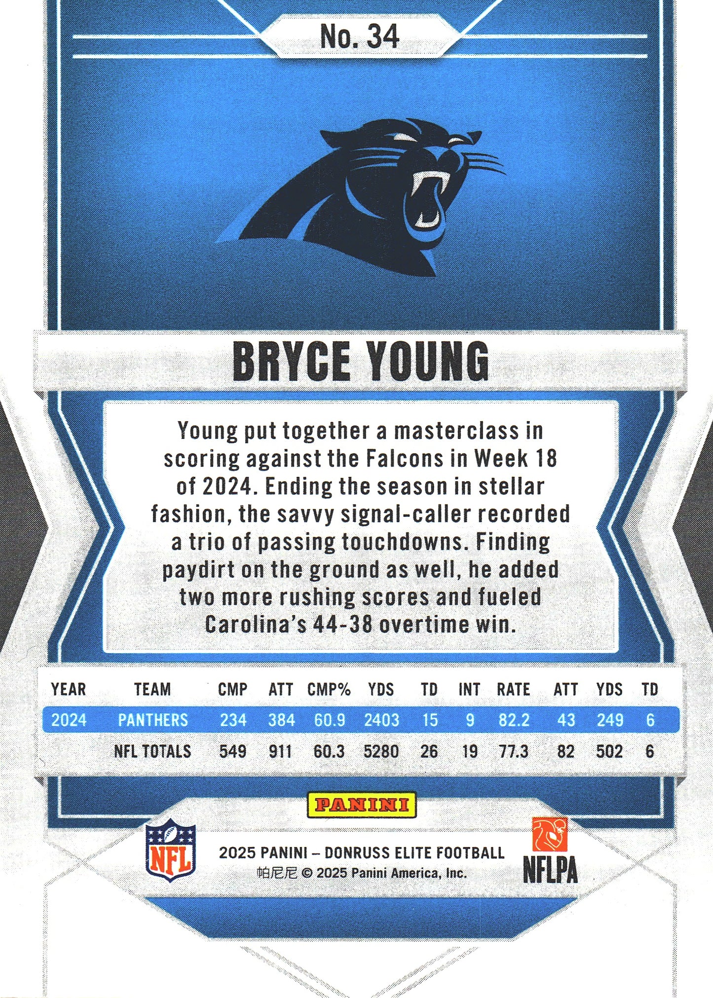 2025 Panini Donruss Elite Bryce Young #34 Carolina Panthers