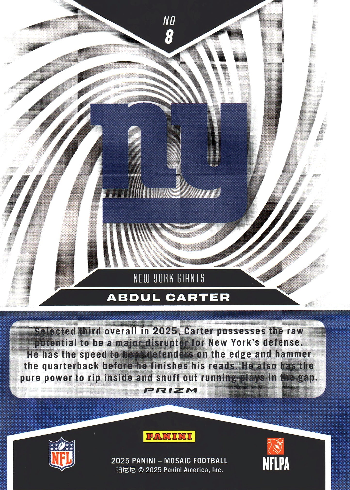 2025 Panini Mosaic Silver Storm Abdul Carter RC #8 New York Giants