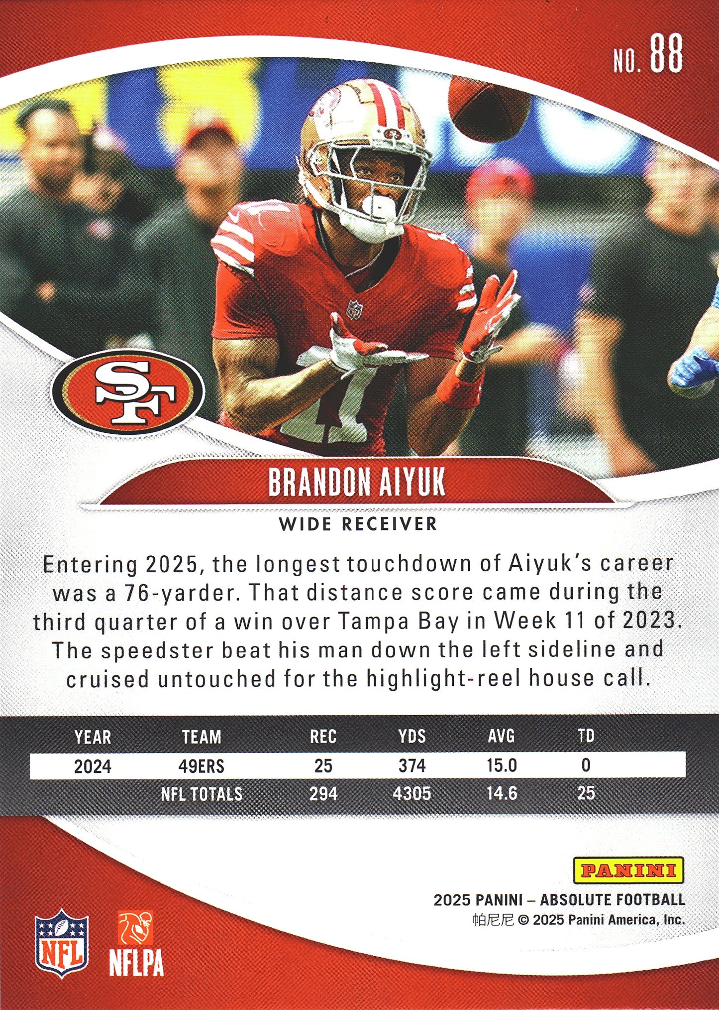 2025 Panini Absolute Orange /825 Brandon Aiyuk #88 San Francisco 49ers