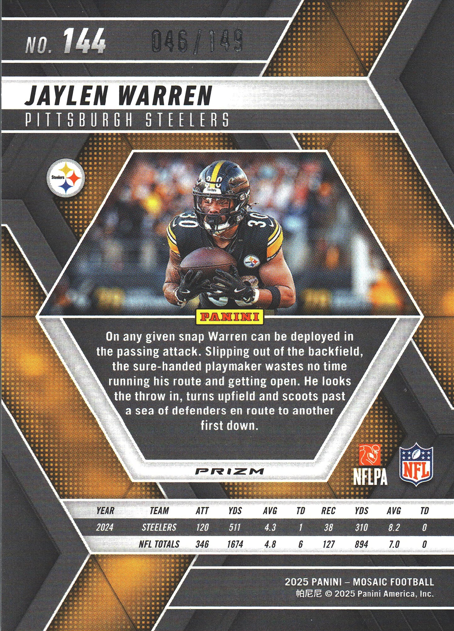 2025 Panini Mosaic Logo /149 Jaylen Warren #144 Pittsburgh Steelers