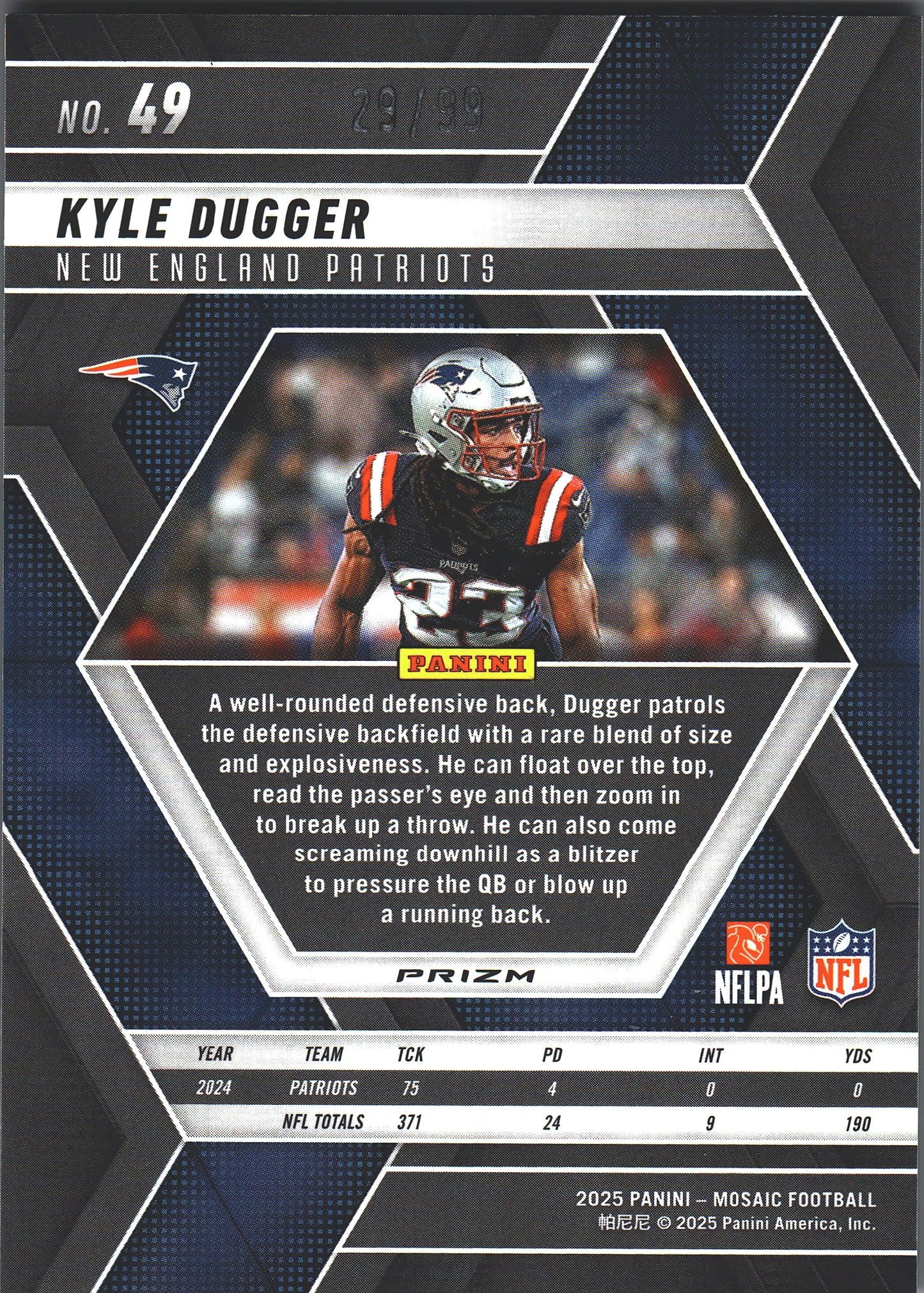 2025 Panini Mosaic Blue /99 Kyle Dugger #49 New England Patriots