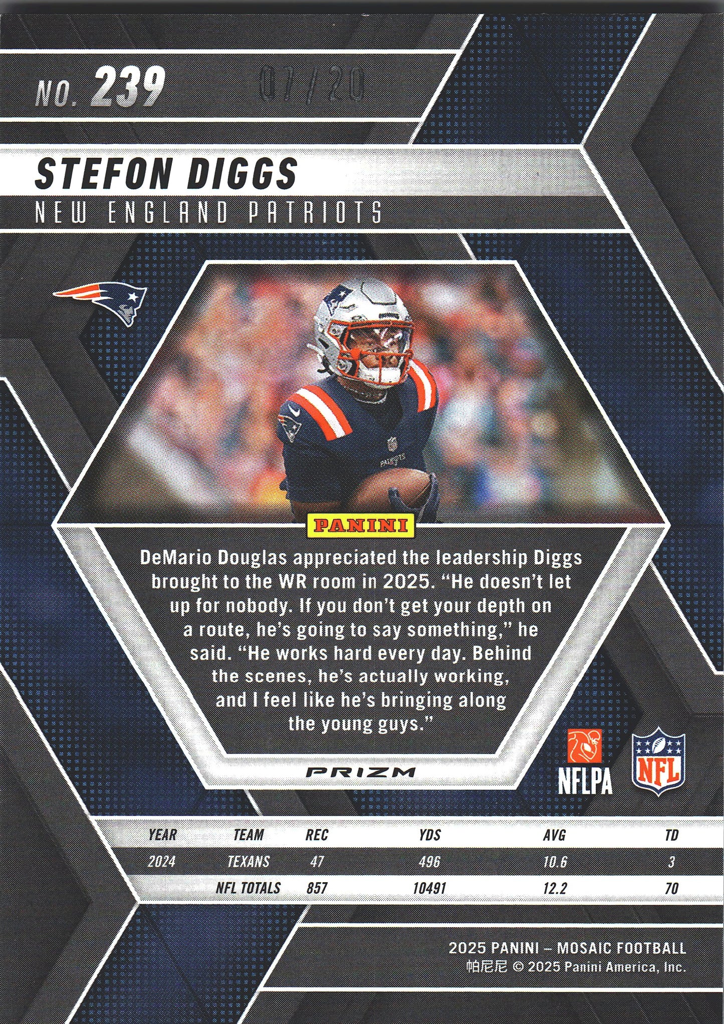 2025 Panini Mosaic Pink /20 Stefon Diggs #239 New England Patriots
