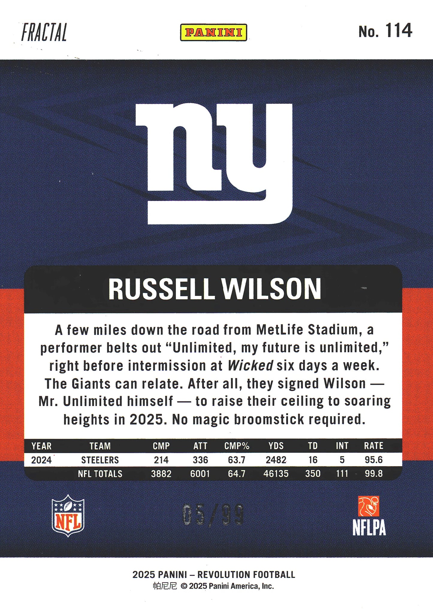 2025 Panini Revolution Fractal /99 Russell Wilson #114 New York Giants