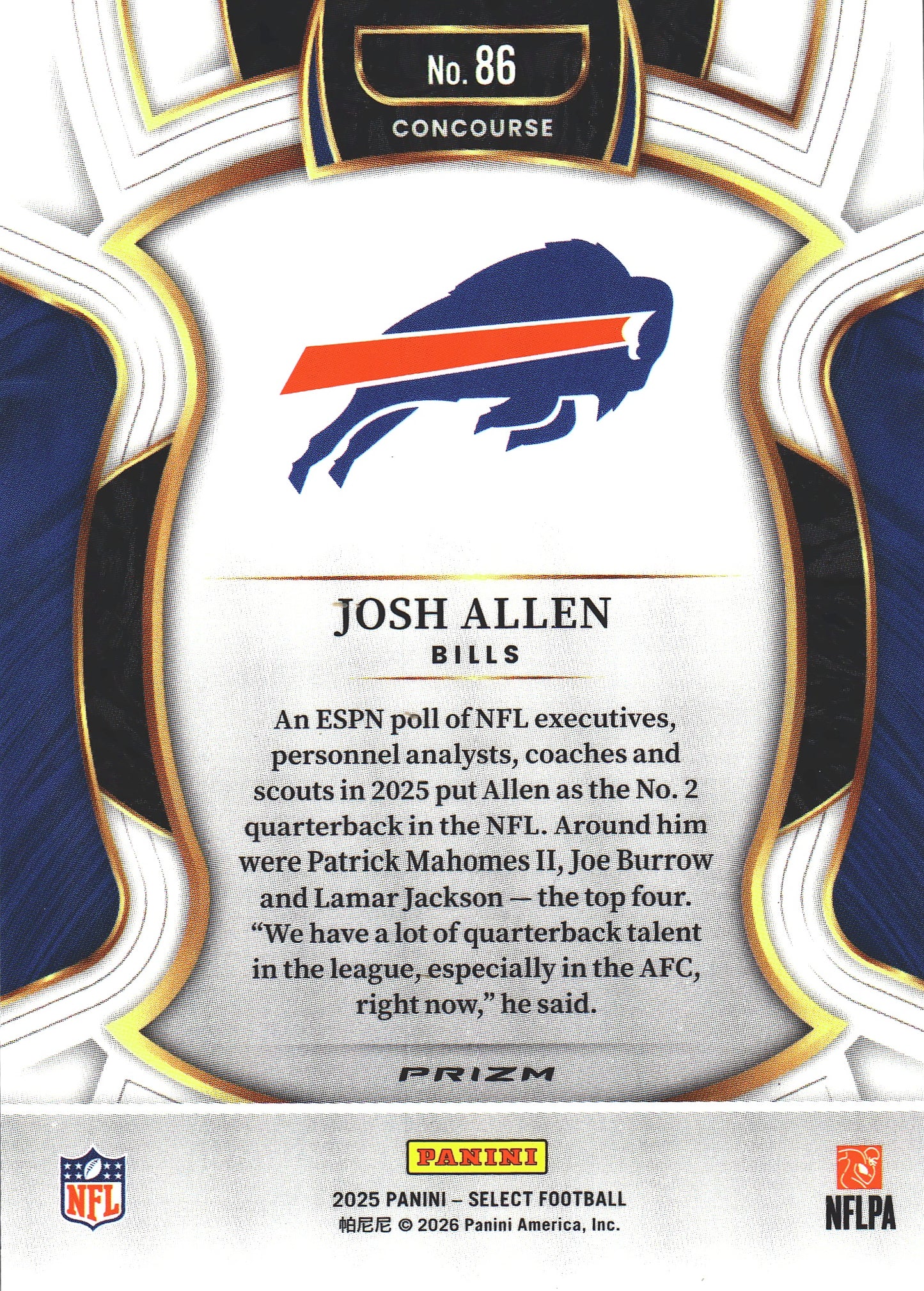 2025 Panini Select Blue White Red Josh Allen #86 Buffalo Bills