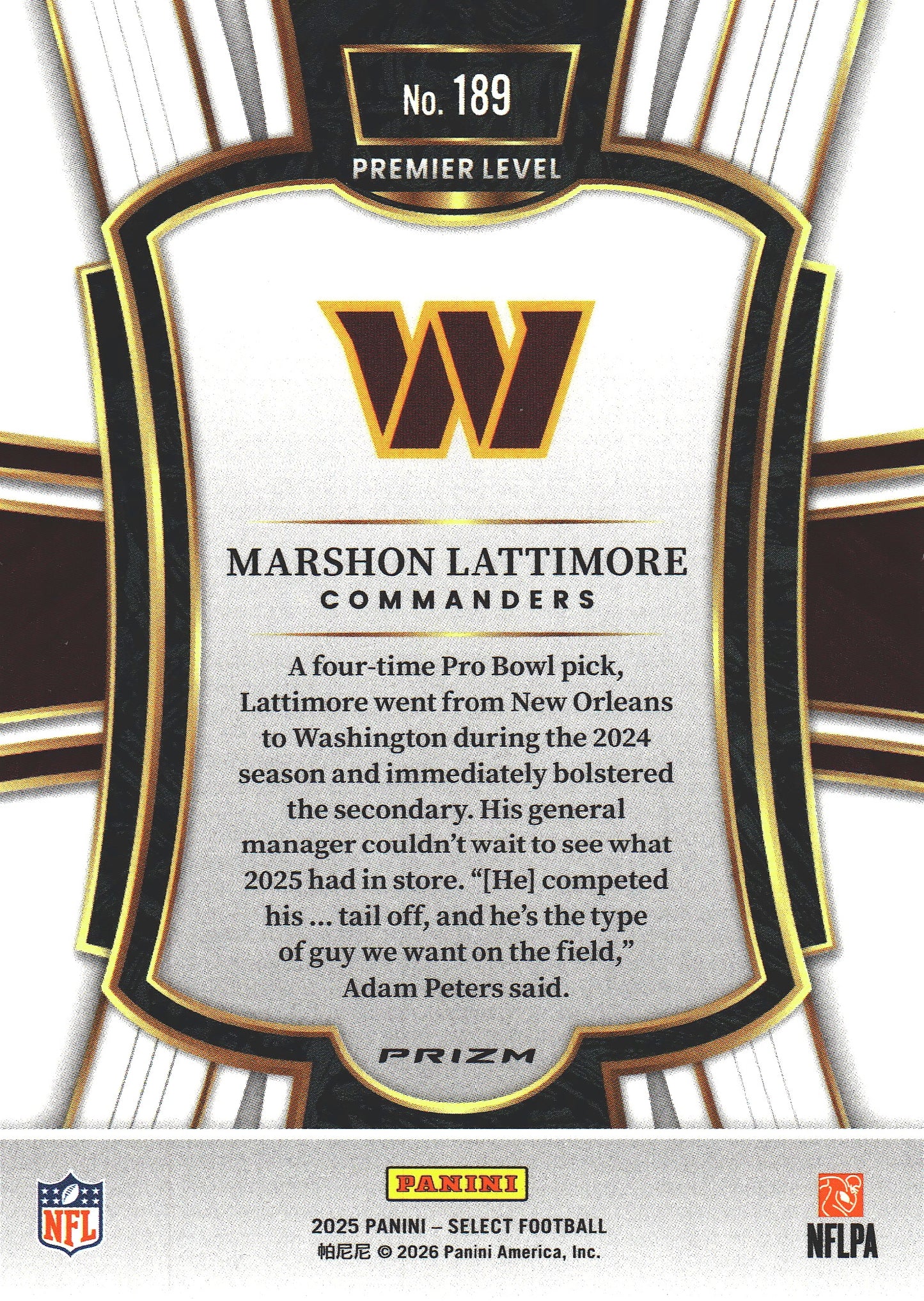 2025 Panini Select Blue White Red Marshon Lattimore #189 Washington Commanders