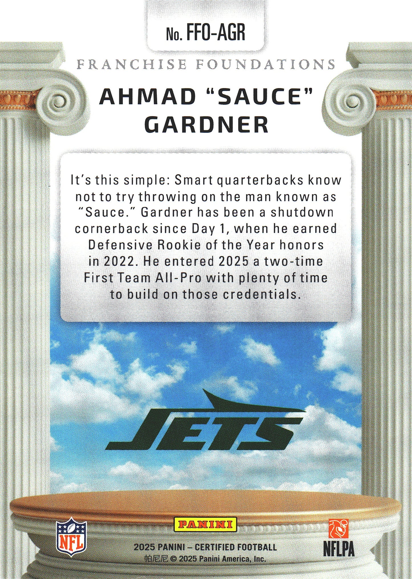 2025 Panini Certified Franchise Foundations /299 Ahmad "Sauce" Gardner #FFO-AGR Jets
