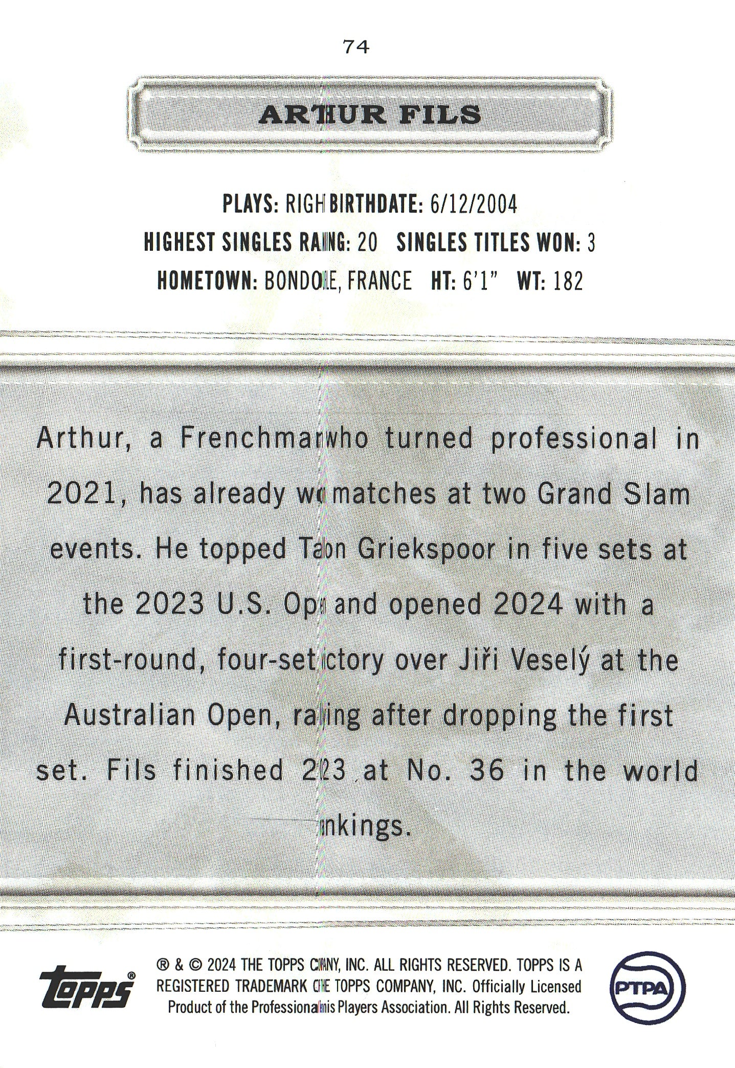 2024 Topps Royalty Tennis Arthur Fils /99 #74