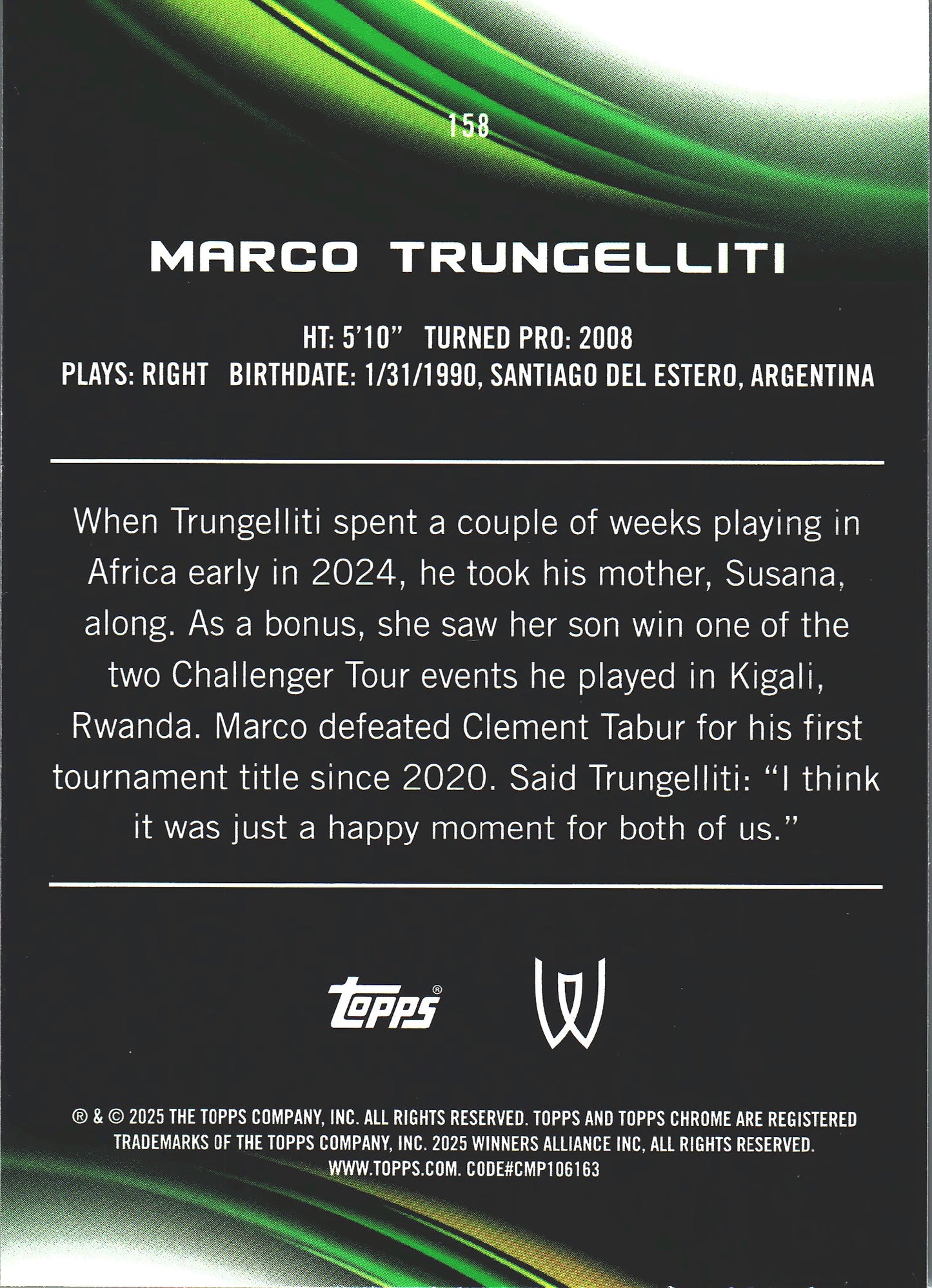 2025 Topps Chrome Tennis Aqua /199 Marco Trungelliti RC #158