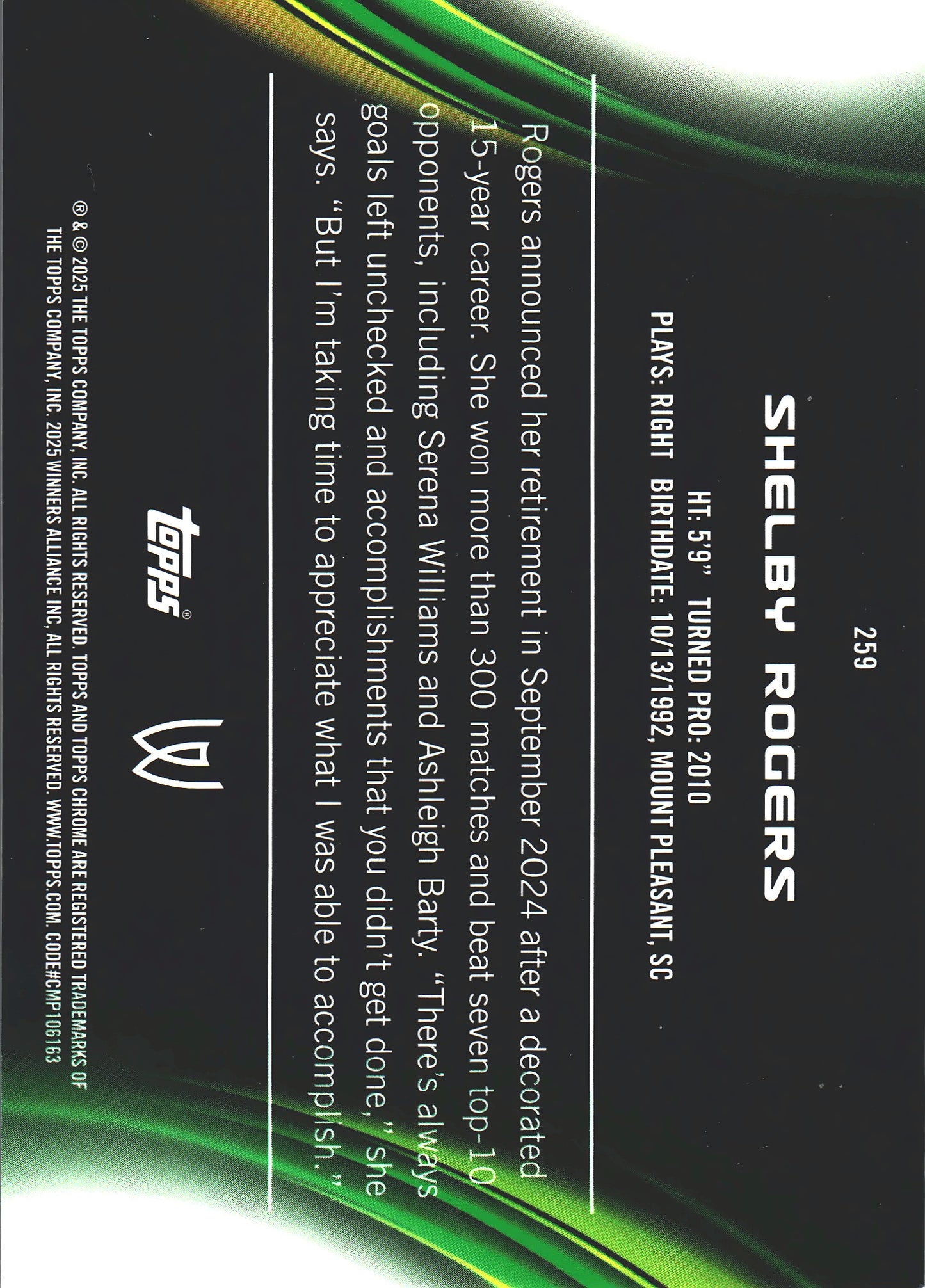 2025 Topps Chrome Tennis Purple and Green /125 Shelby Rogers #259