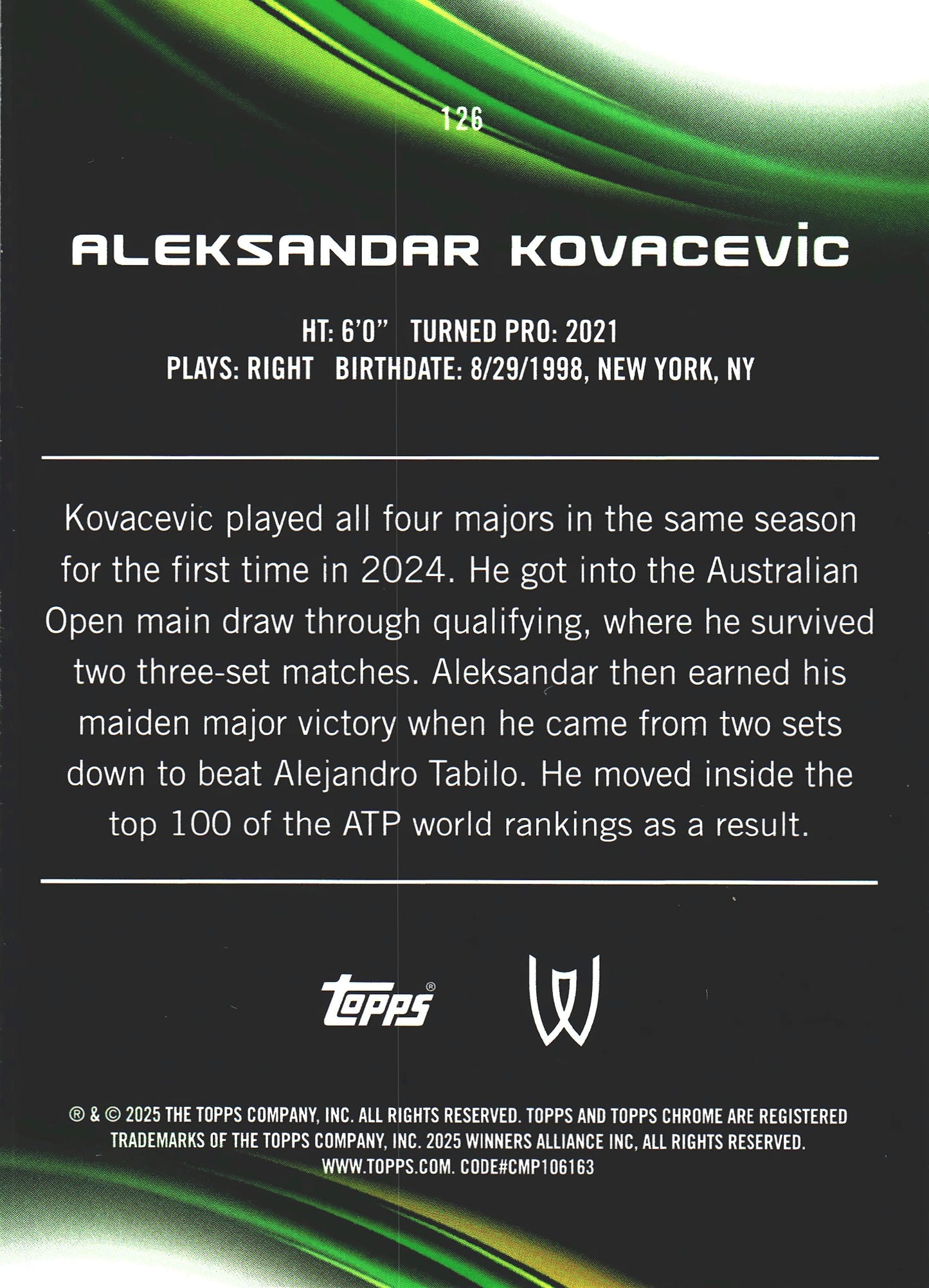 2025 Topps Chrome Tennis Green /99 Aleksandar Kovacevic #126