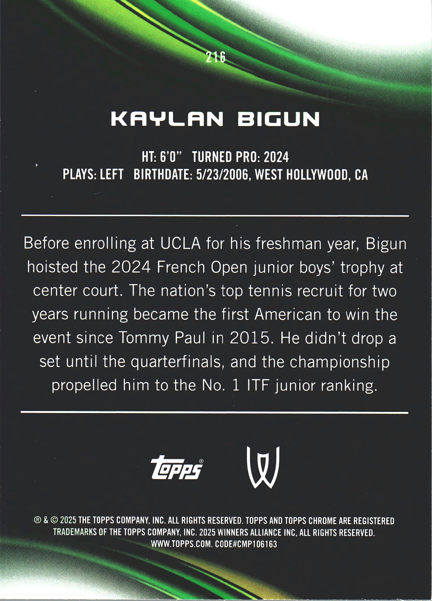 2025 Topps Chrome Tennis Green /99 Kaylan Bigun RC #216