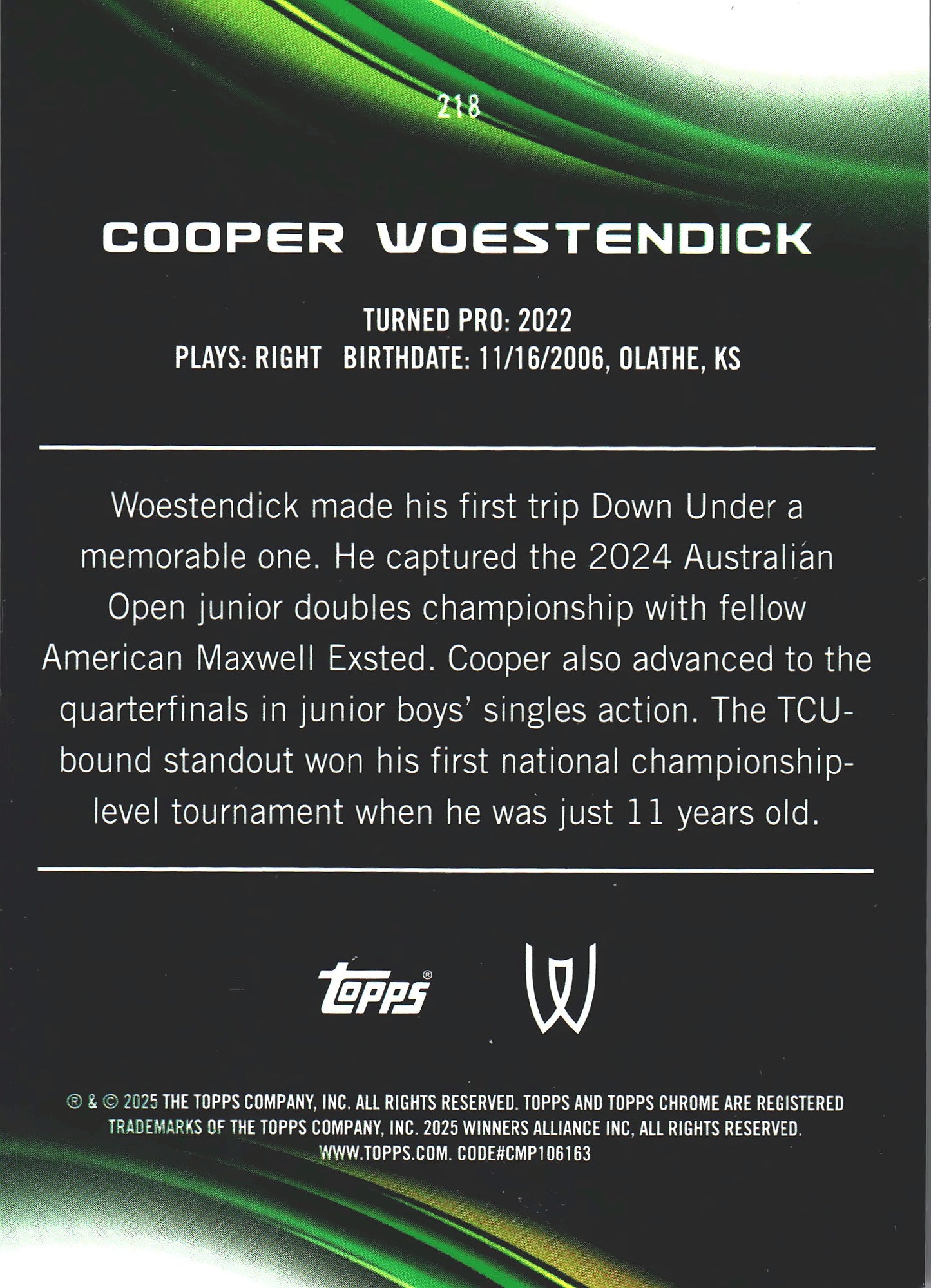 2025 Topps Chrome Tennis Orange /25 Cooper Woestendick RC #218