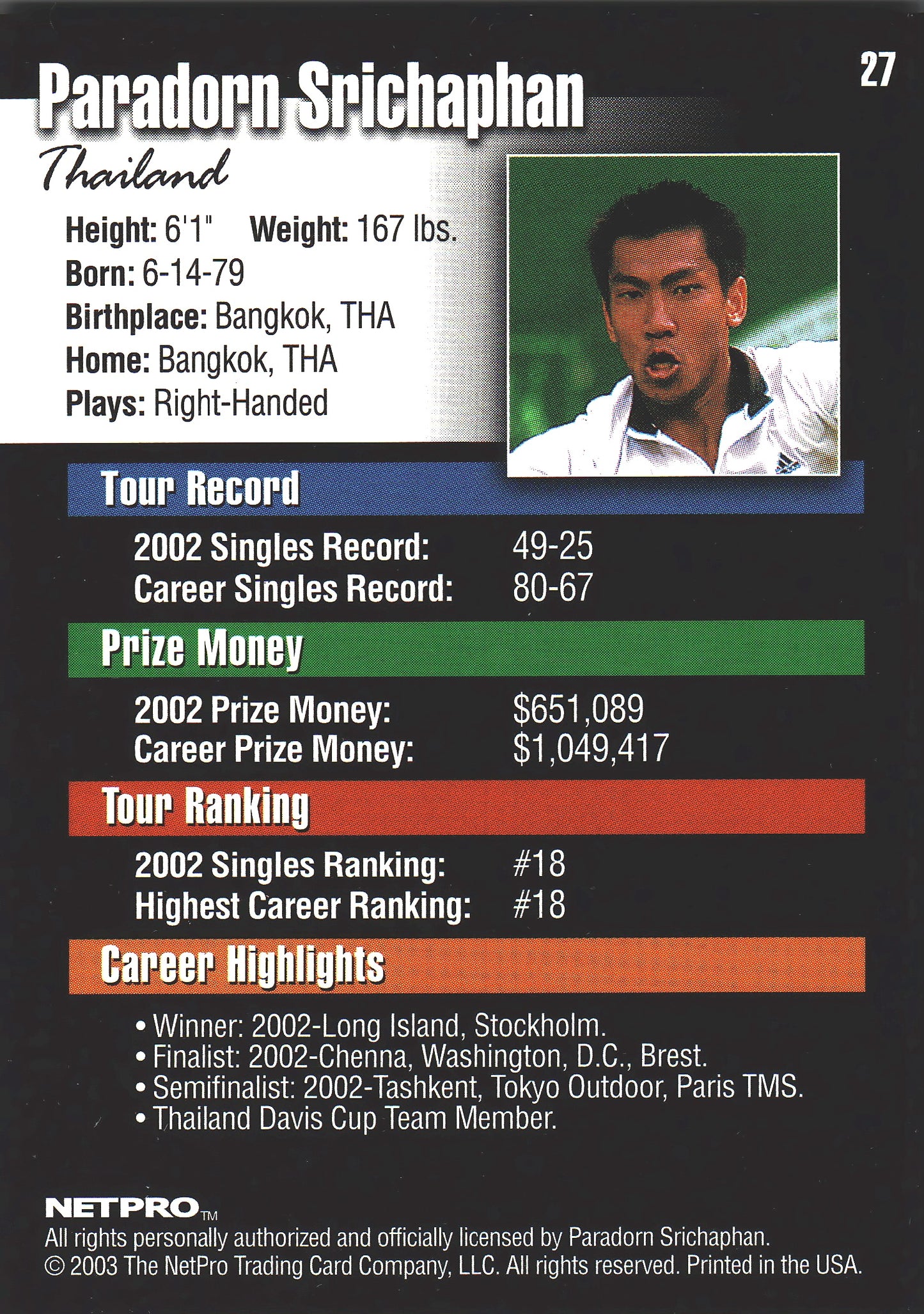 2003 NetPro Tennis Paradorn Srichaphan RC #27