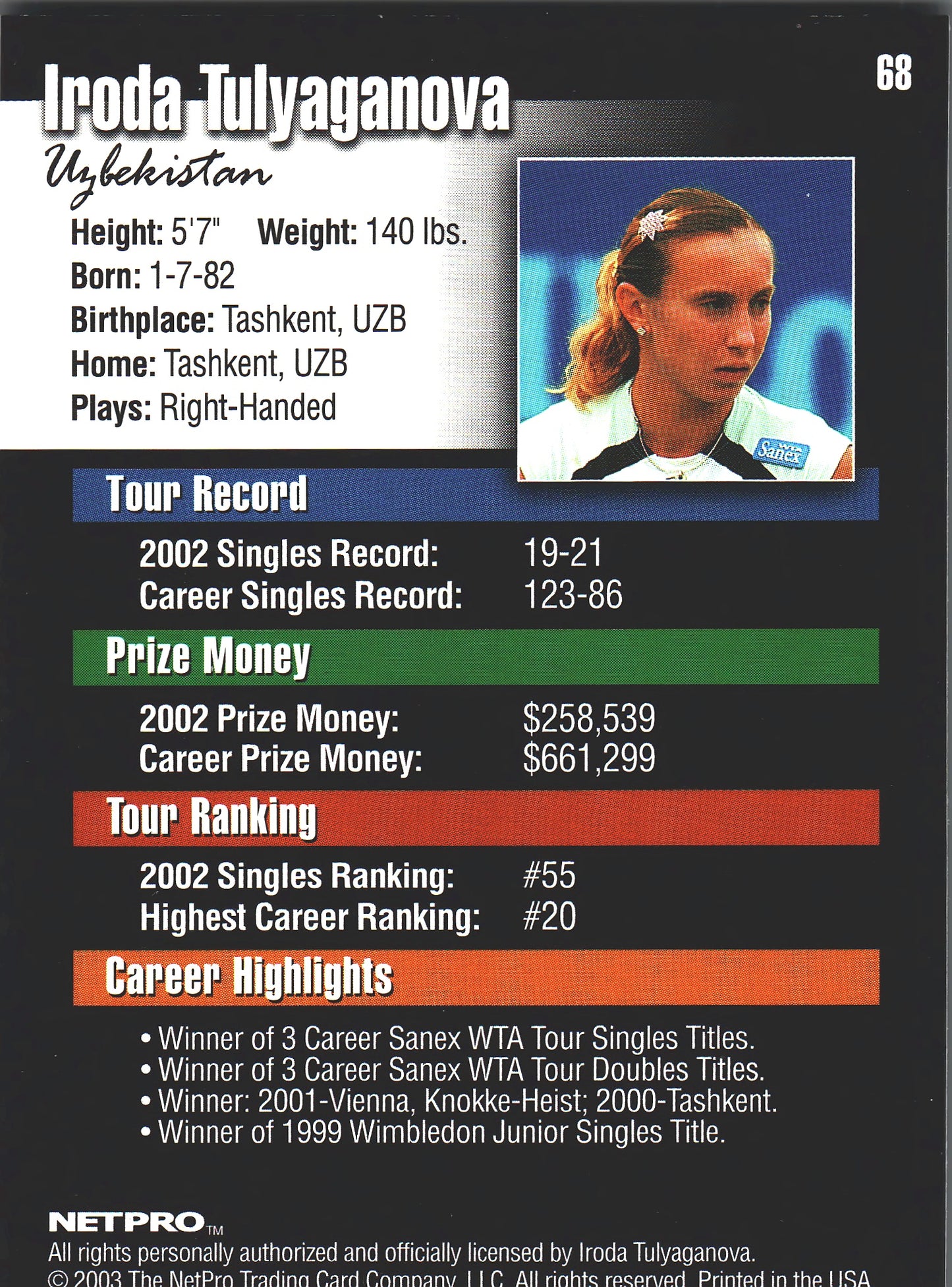 2003 NetPro Tennis Iroda Tulyaganova RC #68