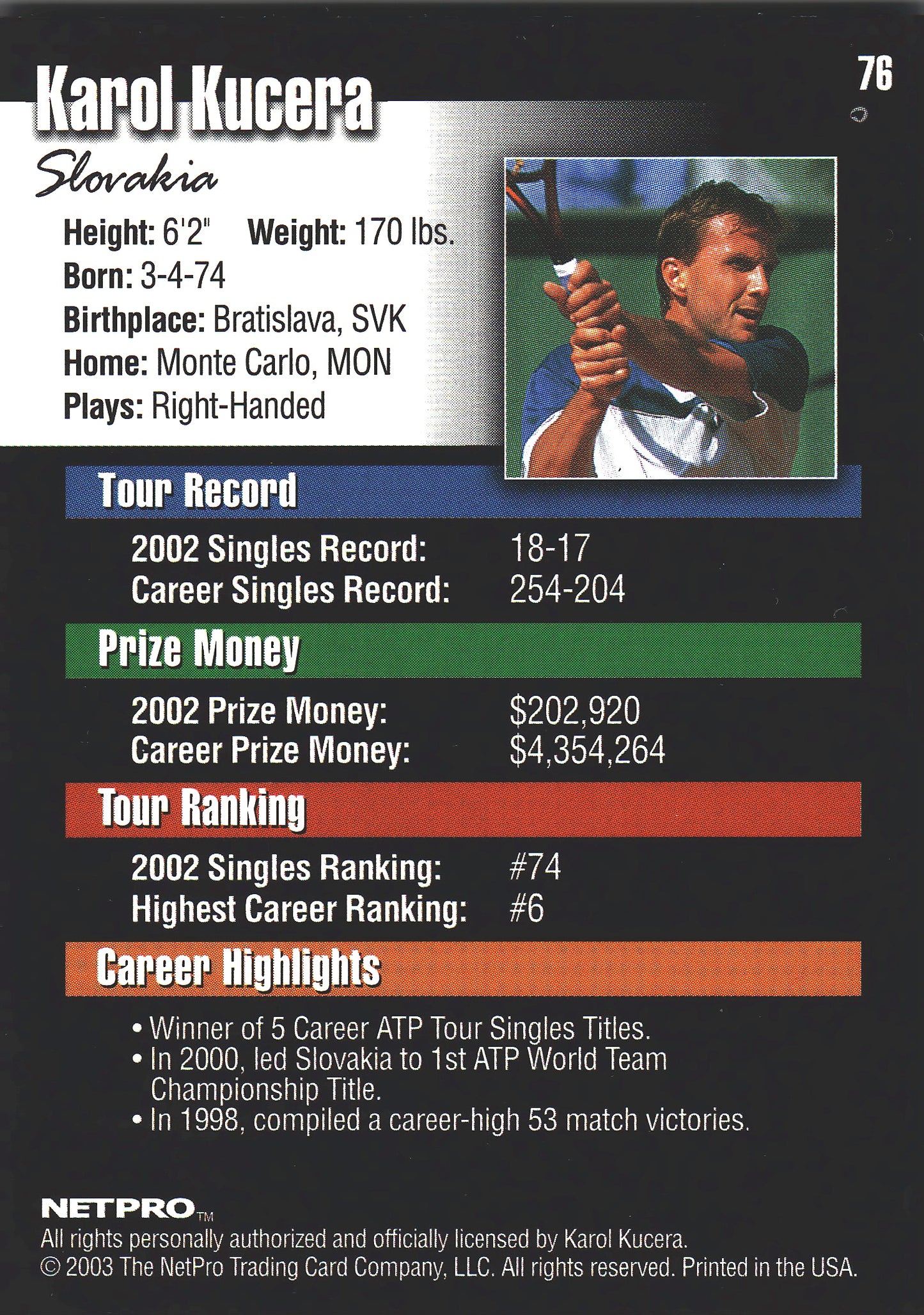 2003 NetPro Tennis Karol Kucera RC #76