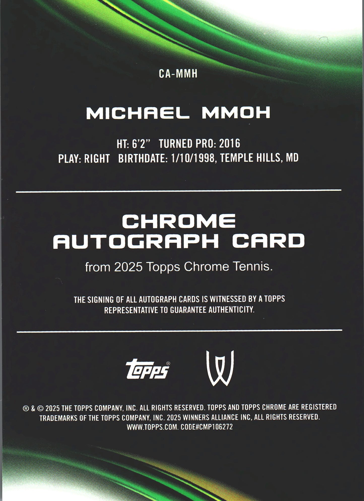 2025 Topps Chrome Tennis Green /99 Autograph Michael Mmoh #CA-MMH