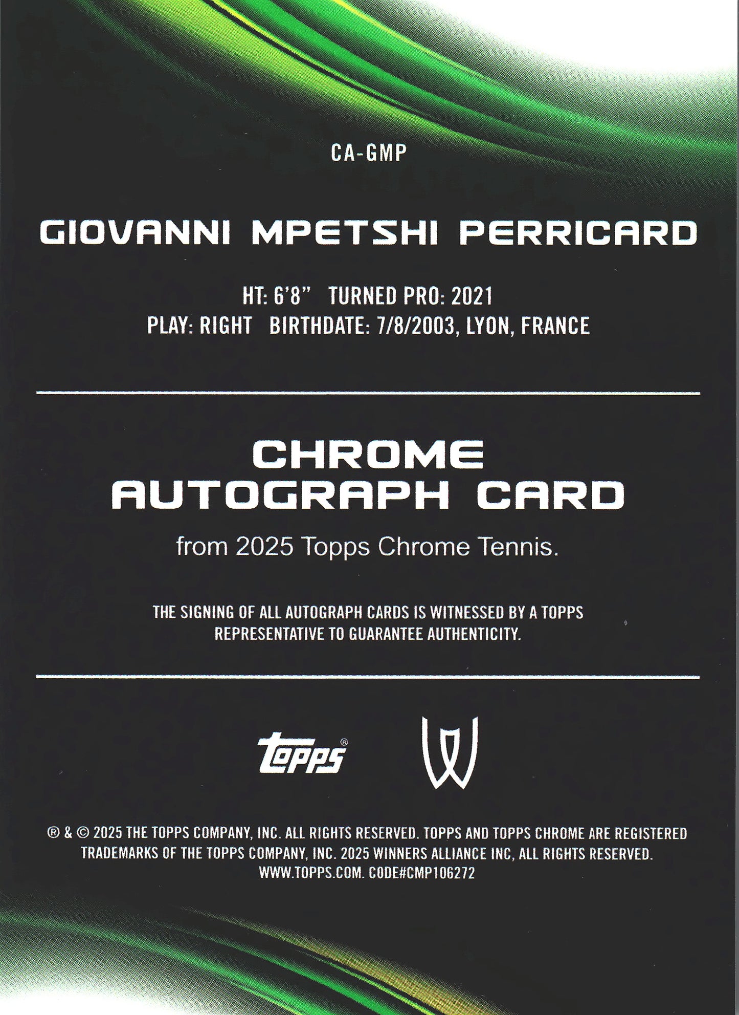 2025 Topps Chrome Tennis Blue /150 Autograph Giovanni Mpetshi Perricard #CA-GMP