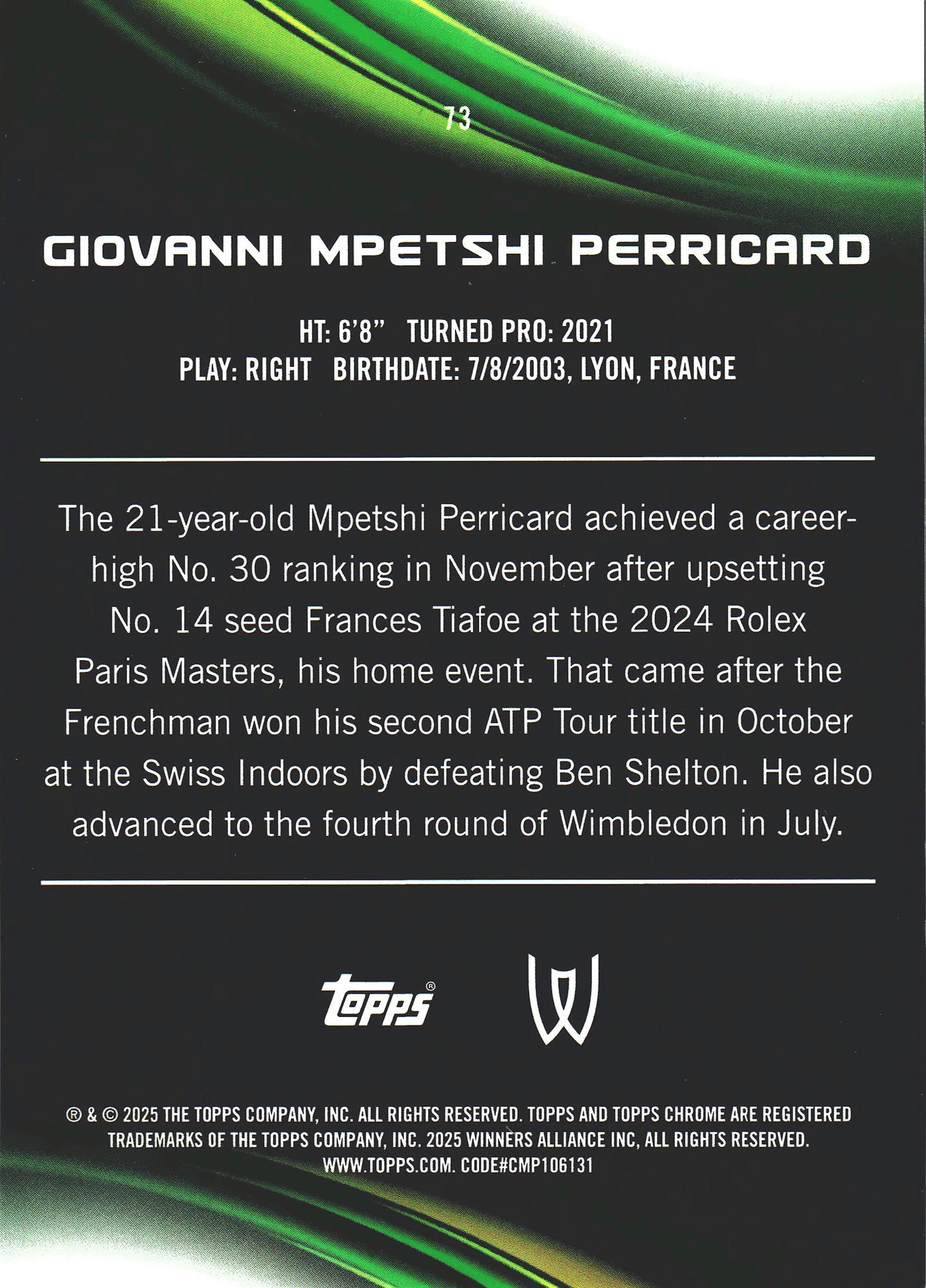 2025 Topps Chrome Tennis Gold Geometric /50 Giovanni Mpetshi Perricard RC #73