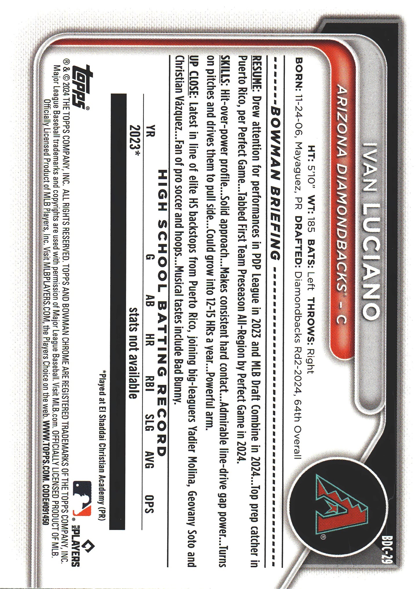 2024 Topps Bowman Chrome Green Grass /99 Ivan Luciano #BDC-29 Arizona Diamondbacks
