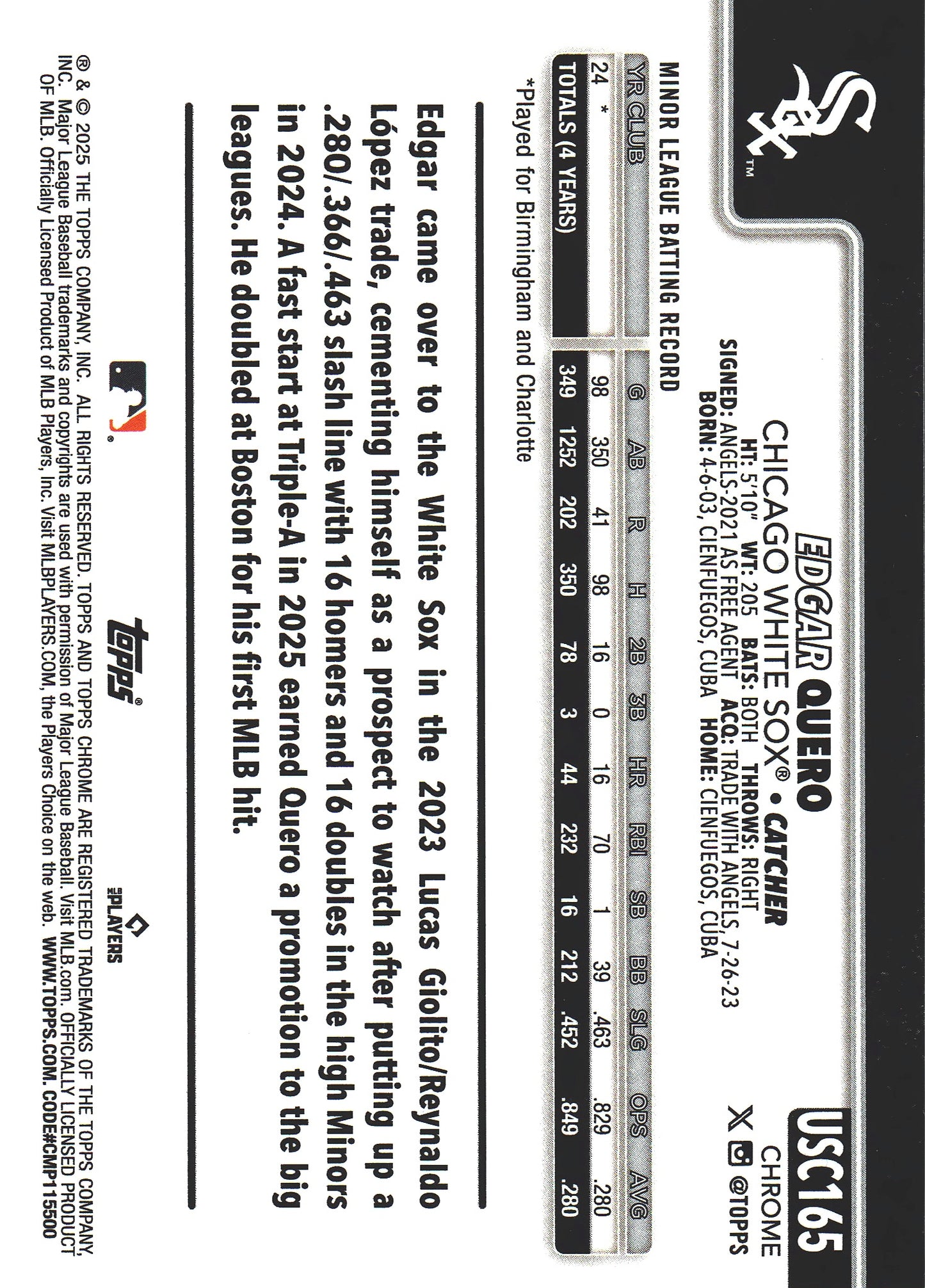 2025 Topps Chrome Aqua /199 Edgar Quero RC #US165 Chicago White Sox