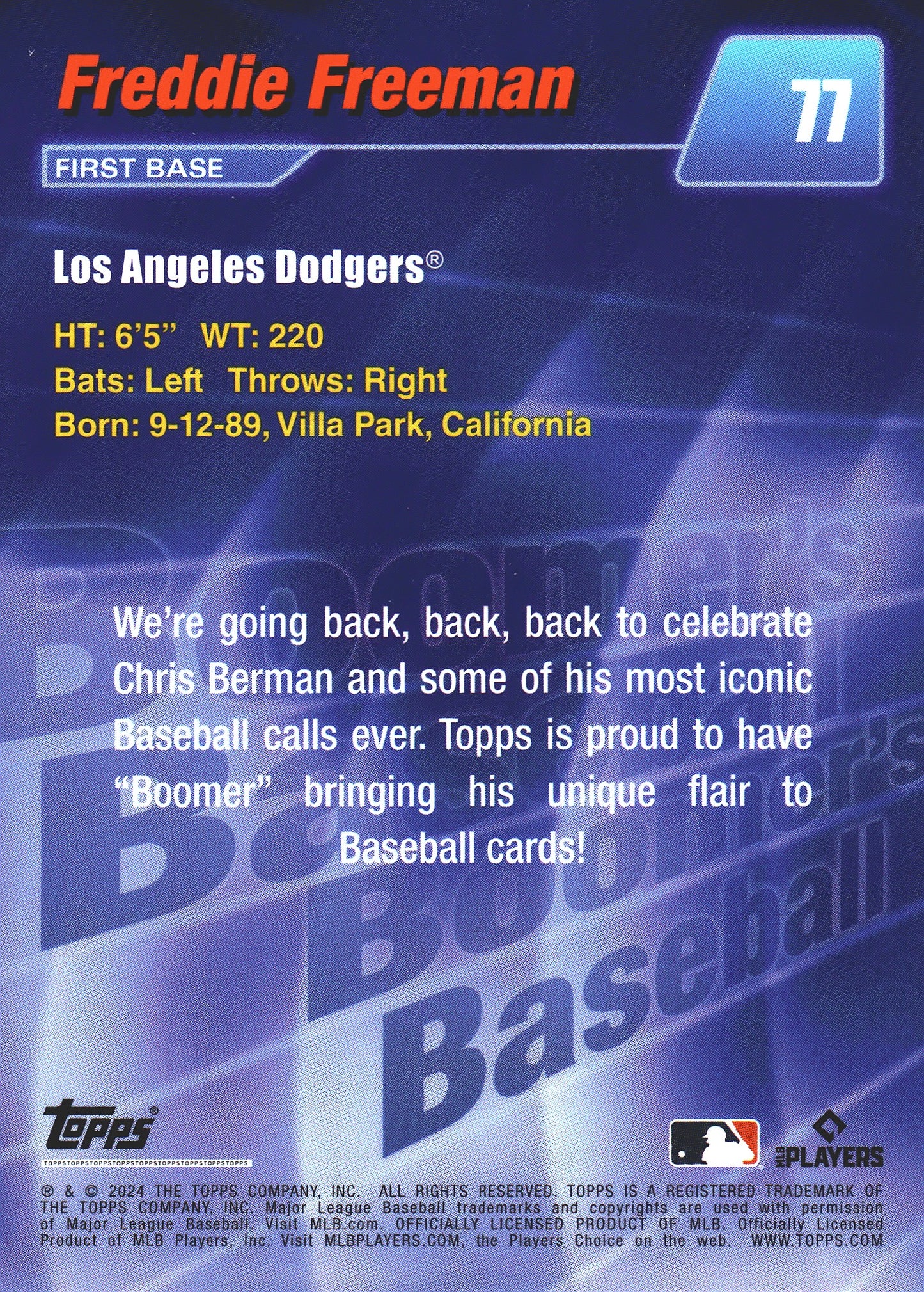 2024 Topps x Chris Berman Boomer's Green /75 Freddie Freeman #77 Los Angeles Dodgers