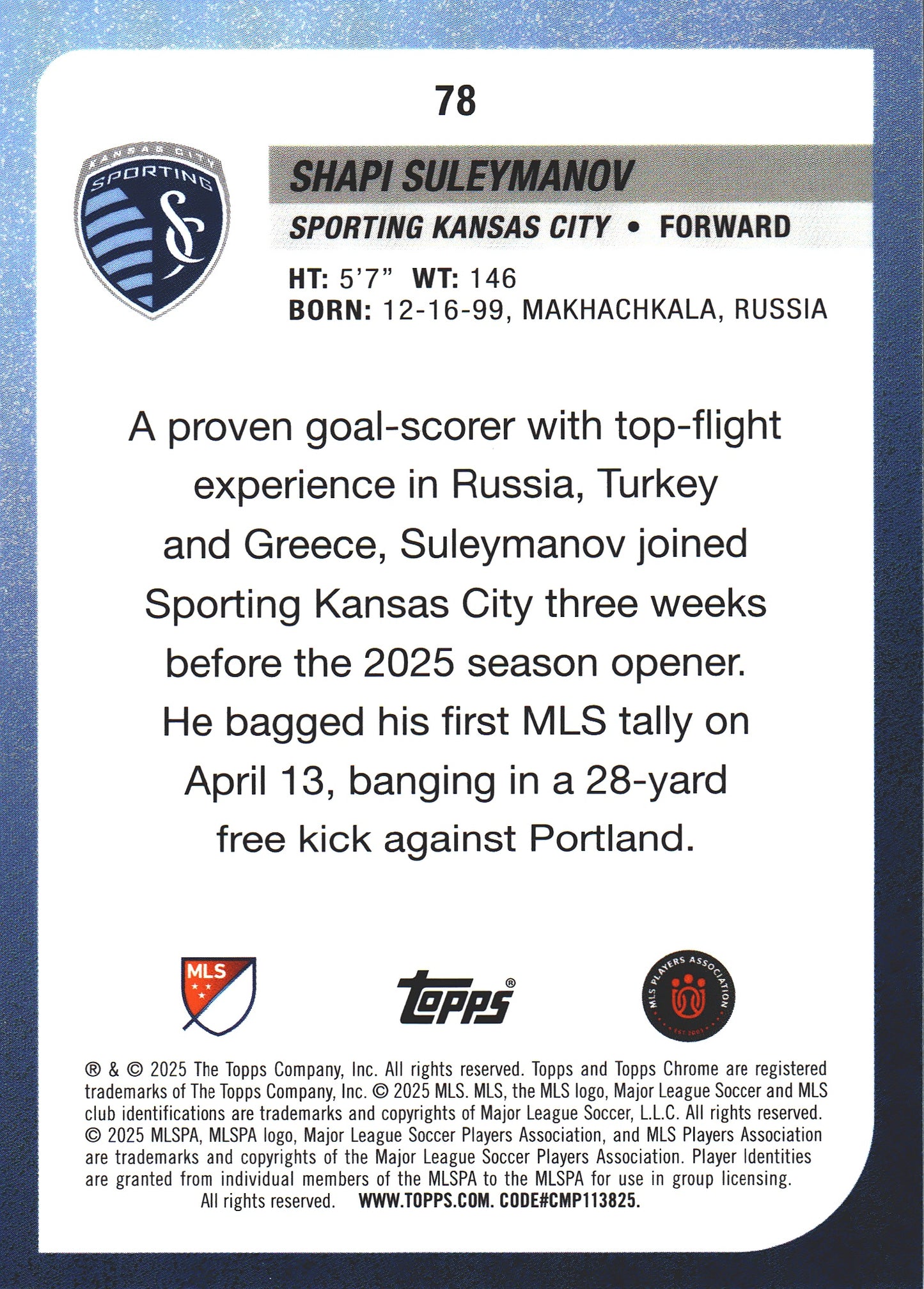 2025 Topps Chrome MLS Prism Refractor Shapi Suleymanov #78 Sporting Kansas City