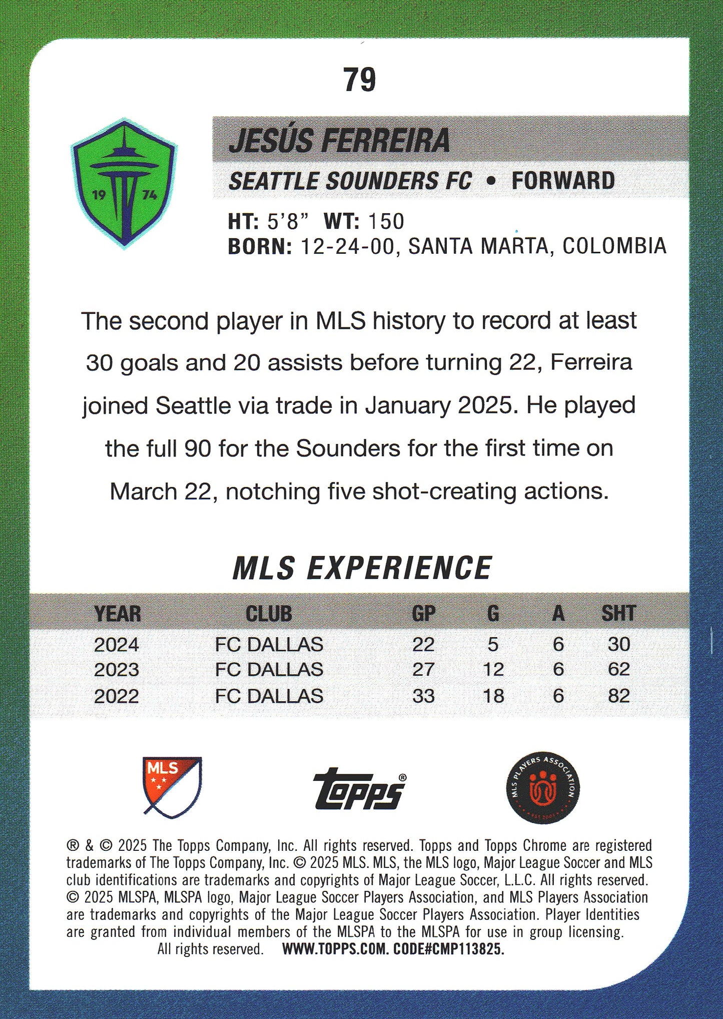 2025 Topps Chrome MLS Prism Refractor Jesus Ferreira #79 Seattle Sounders FC