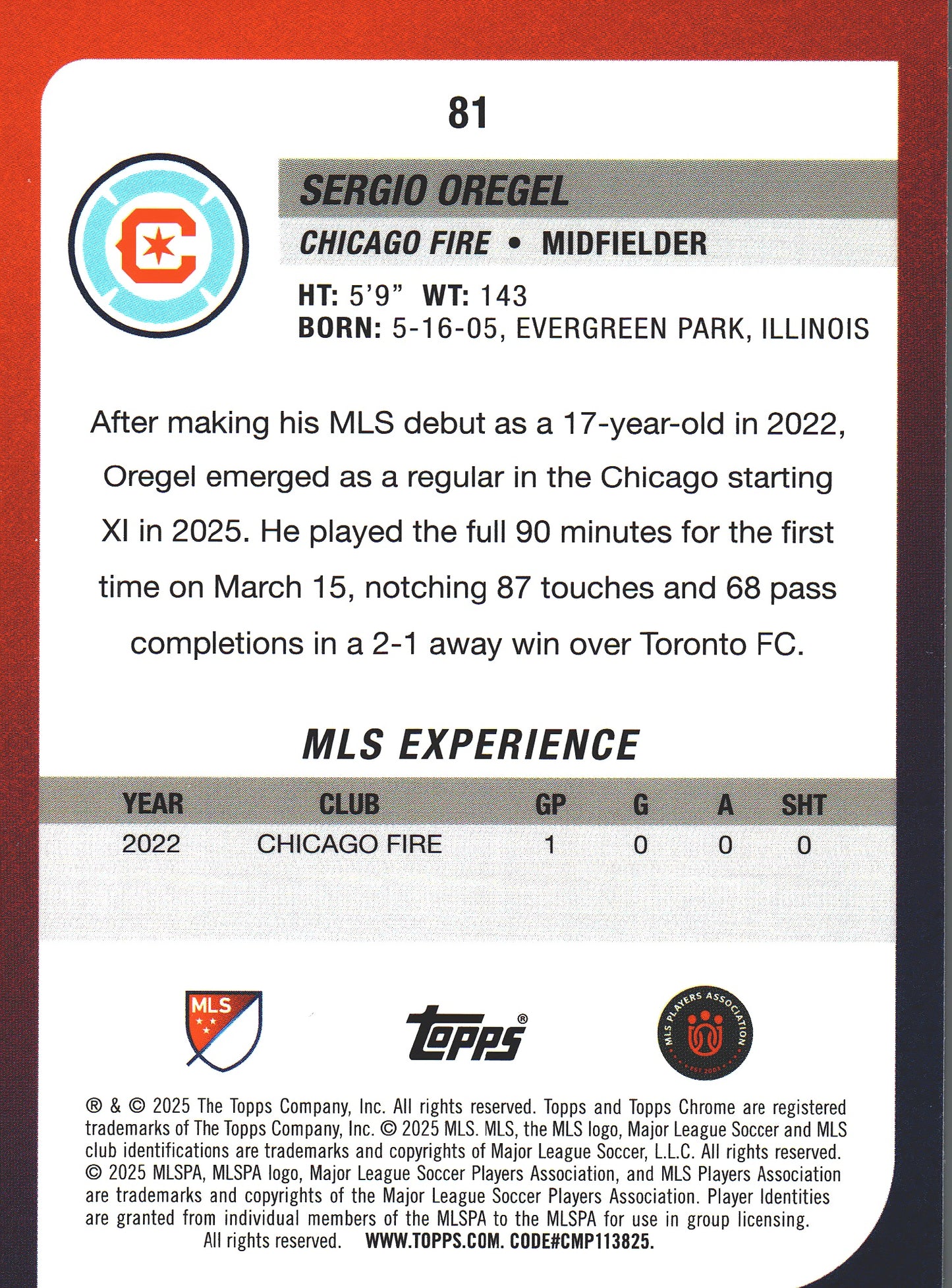 2025 Topps Chrome MLS Prism Refractor Sergio Oregel #81 Chicago Fire