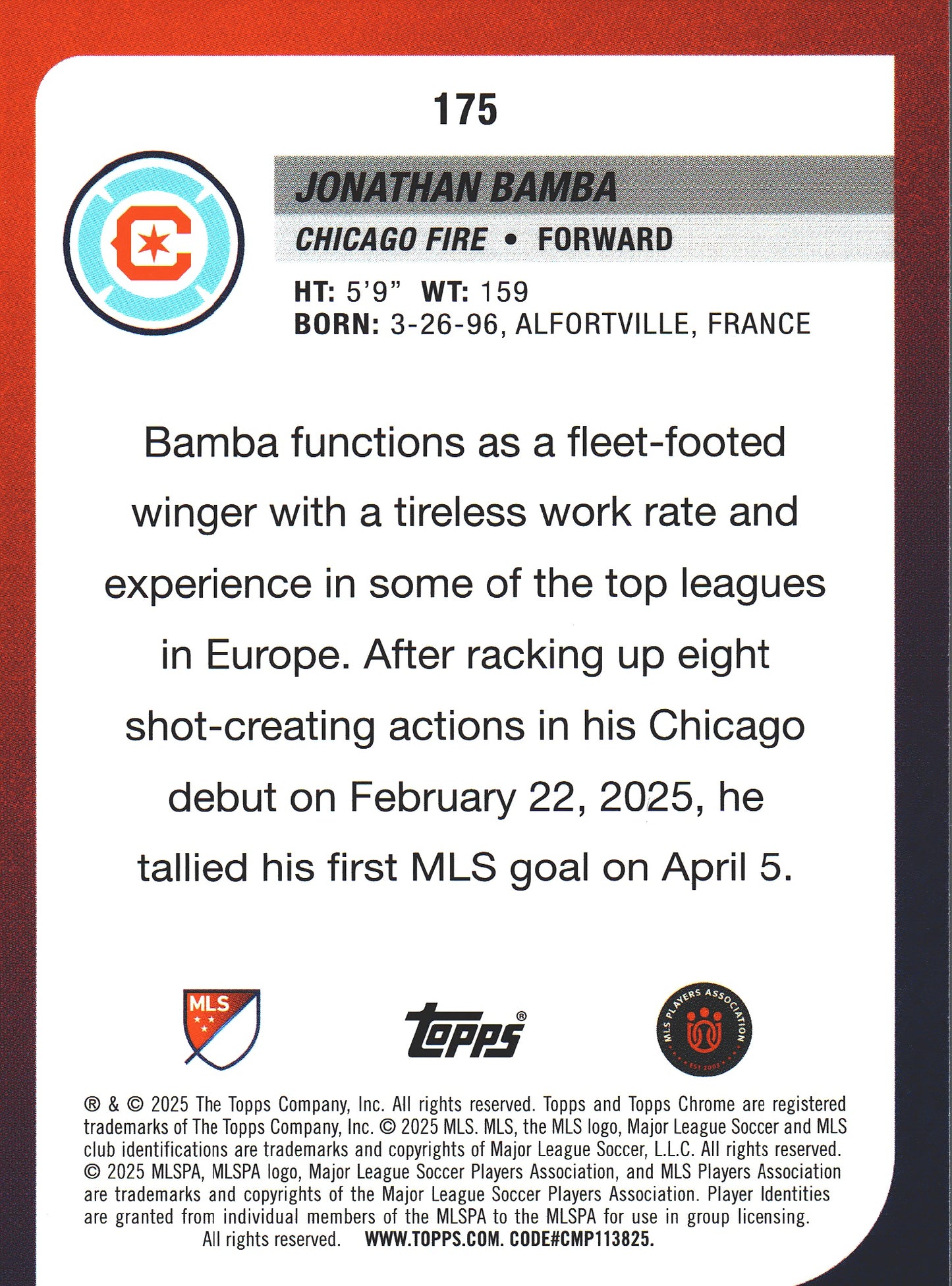 2025 Topps Chrome MLS Prism Refractor Jonathan Bamba #175 Chicago Fire