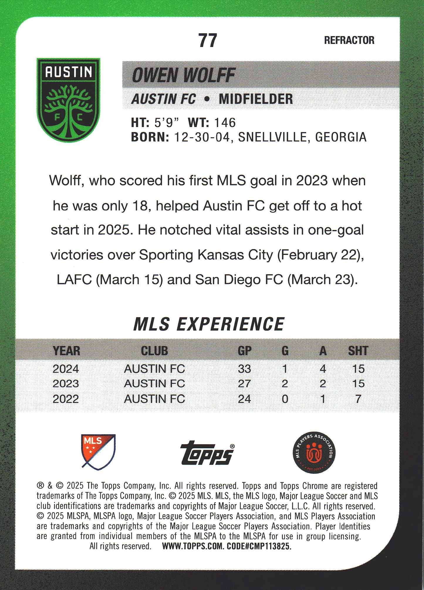 2025 Topps Chrome MLS Refractor Owen Wolff #77 Austin FC
