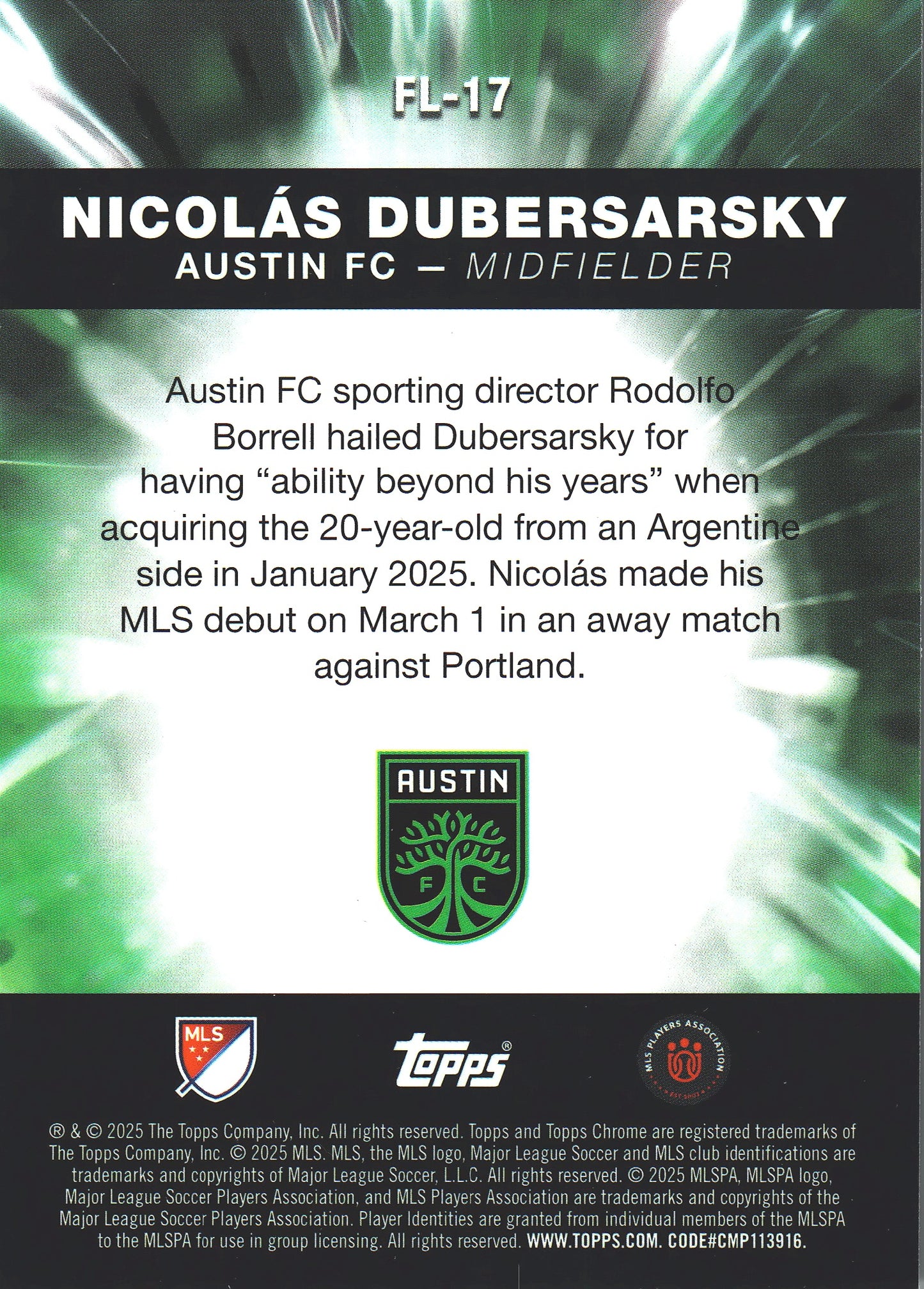 2025 Topps Chrome MLS Fast Lane Nicolas Dubersarsky #FL-17 Austin FC